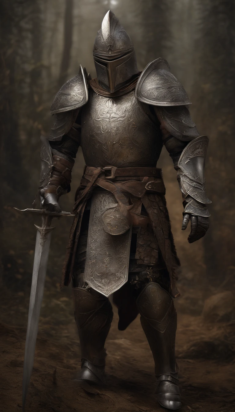 Warriors, concept-art, author：Van Gogh, medieval,knightage, Clean Render, Horned, Put on a set of armor, The character stands, 8K Reality, In-game rendering, Detailed Face Background Details, Art Station Front Page, Pseudo-medieval fantasy, God in carp armor, Iron Etched Armor,  Light Silver Armor, ornate filigree armor, Gorgeous armor full of thorns, Complex metal armor, Mighty Warrior, Dressed in gorgeous iron armor,，Decorated with intricate patterns, The helmet has a large crown, Everything is in the dark, The smoky background hints at a battle scene, Adding a sinister aura to his character,Full Body Shot.