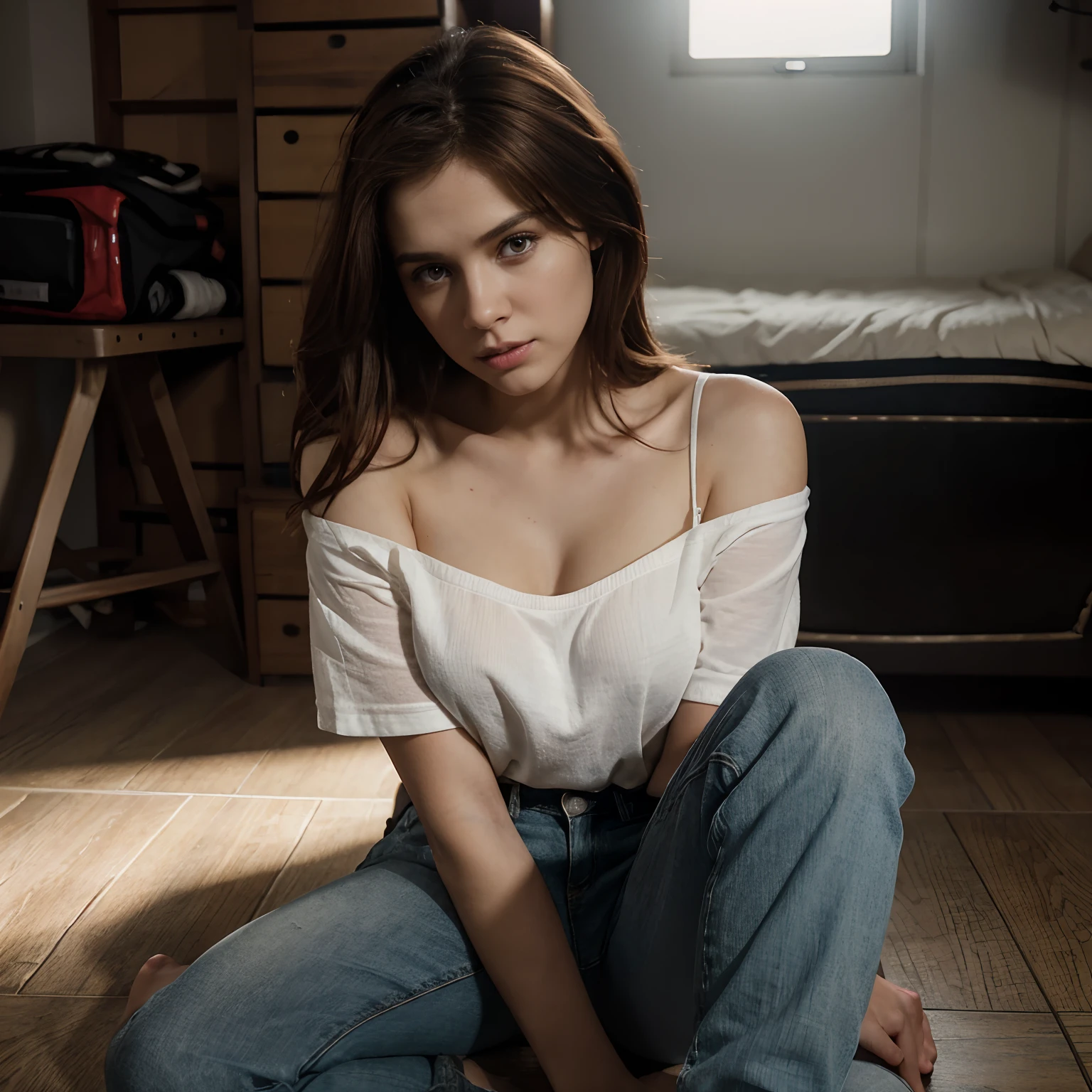 portrait of a girl, 23 years old, shy, introvert, short sized shoulder length straight reddish brown hair, hazel eyes, sitting on the floor, beside a car, wearing white full shirt and black jeans, high resolution, photorealistic, photo, realism, sharp photography, a photograph of, maximum detail, sharp focus, intricate details, ultra - realistic, cinematic lighting, volumetric lighting, photography, beautiful details, cinematic lighting, render, 8k, Portra 800 medium format film, 105mm SMC Takumar, 3200 dpi scan, mist, octane render, unreal engine, 2k, photorealistic, digital, detailed, extra fine details, award photo quality, photorealism, 2k, uhd, unreal engine, octane, highly realistic resolution uhd 2koctane,