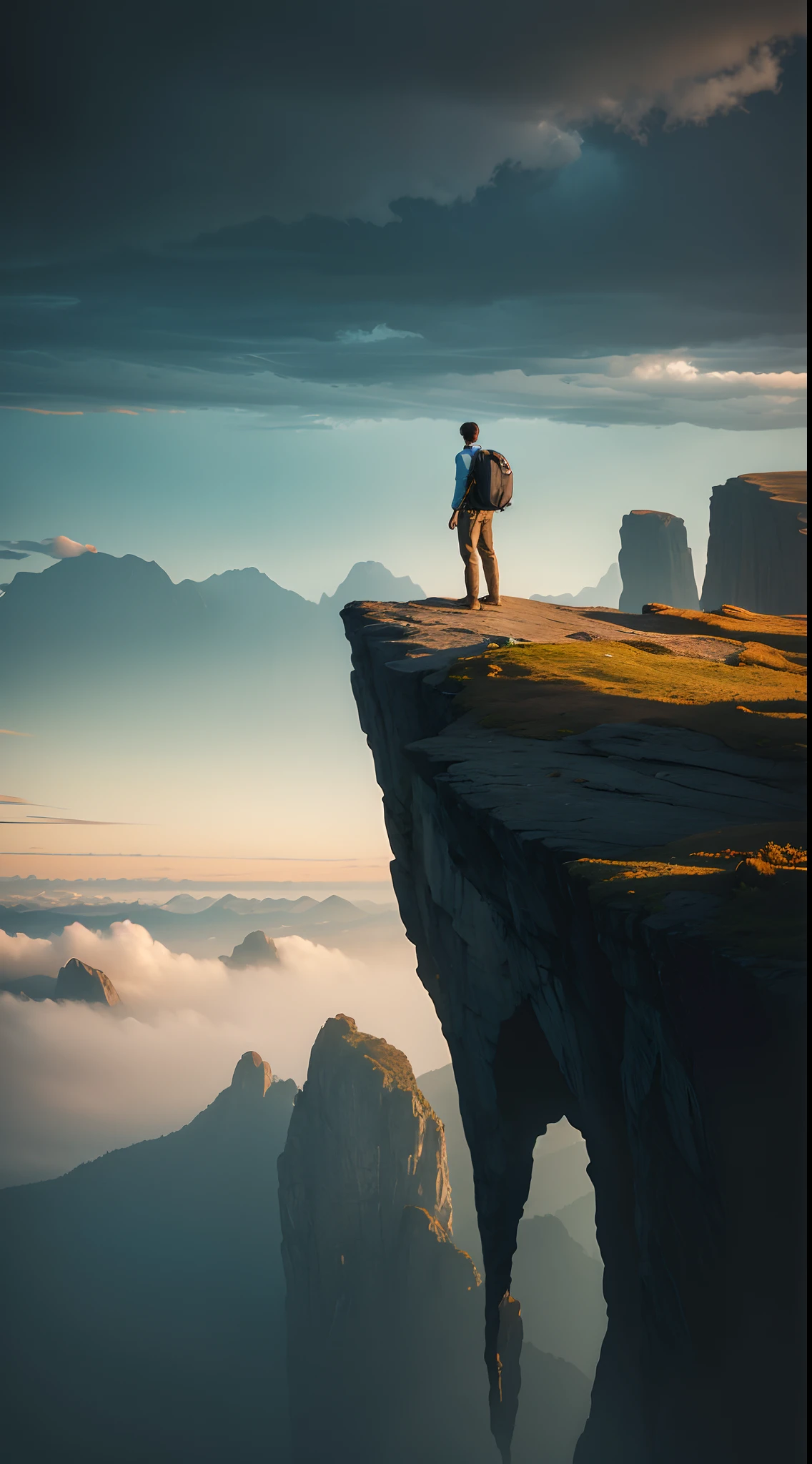 A young male standing on the edge of a surreal cliff, with breathtaking landscape photography to accentuate the scene's ethereal quality.