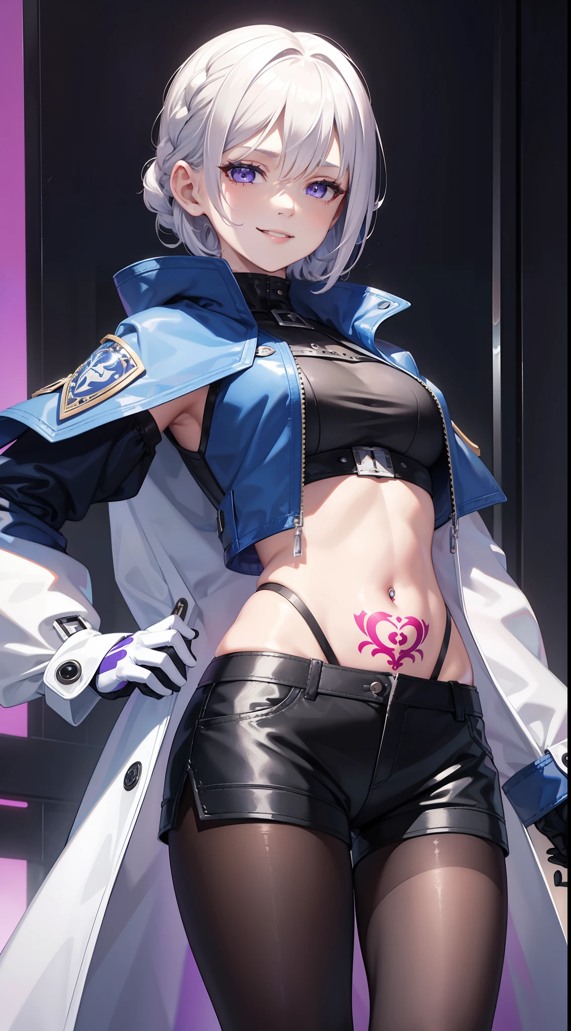young girl, short white hair, braid, violet eyes, Blue Leather Coat, Sleeveless, open belly, Shorts, Long pantyhose, Long Grey Gloves,, red tattoo, smirk, Masterpiece, hiquality, 4k, HD, Good detail