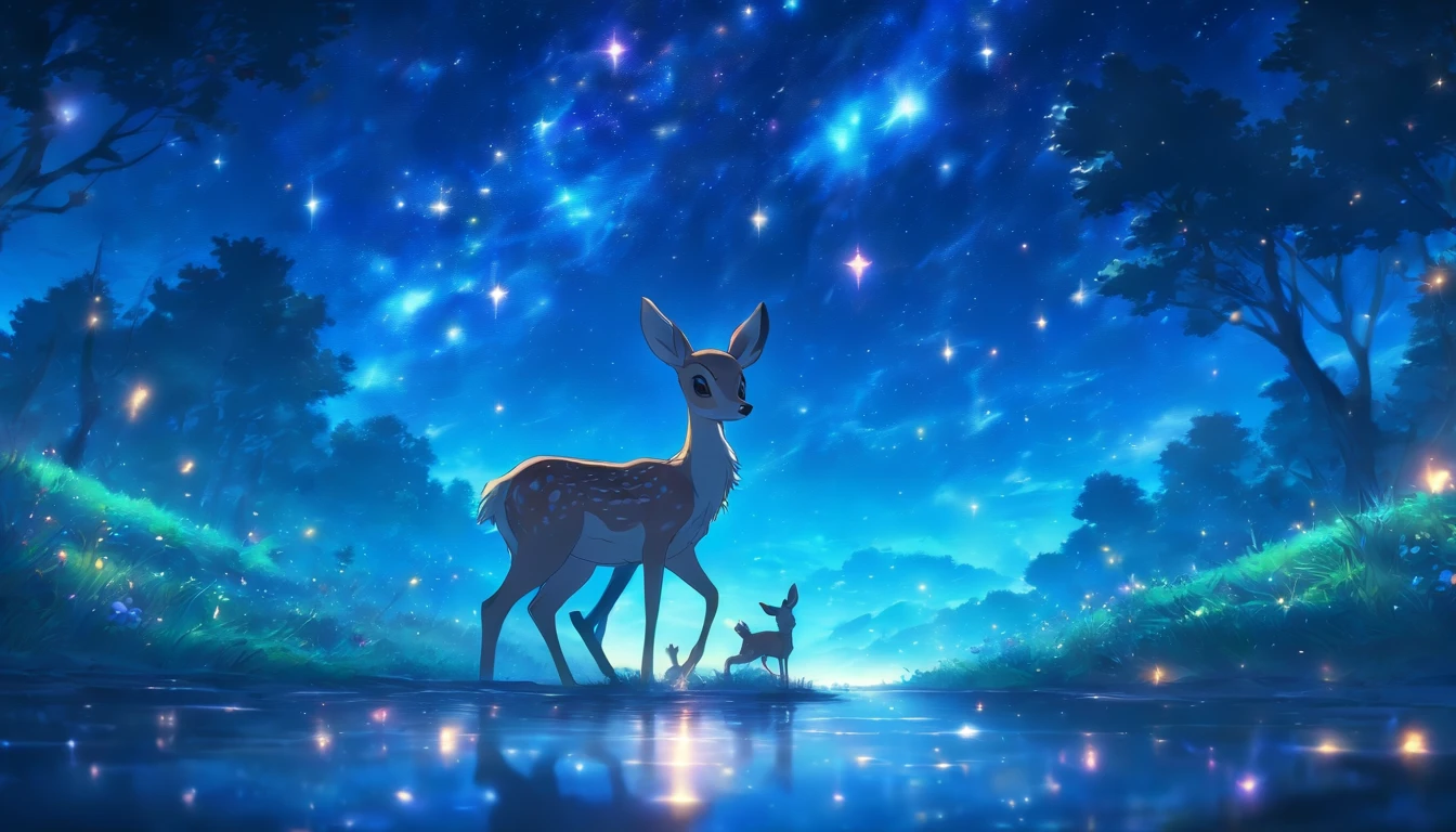 In the infinite universe, Starry sky wrapped in pitch black darkness, A shining star is spinning a special story. There are small river valleys around it，A fawn appeared，hyper HD