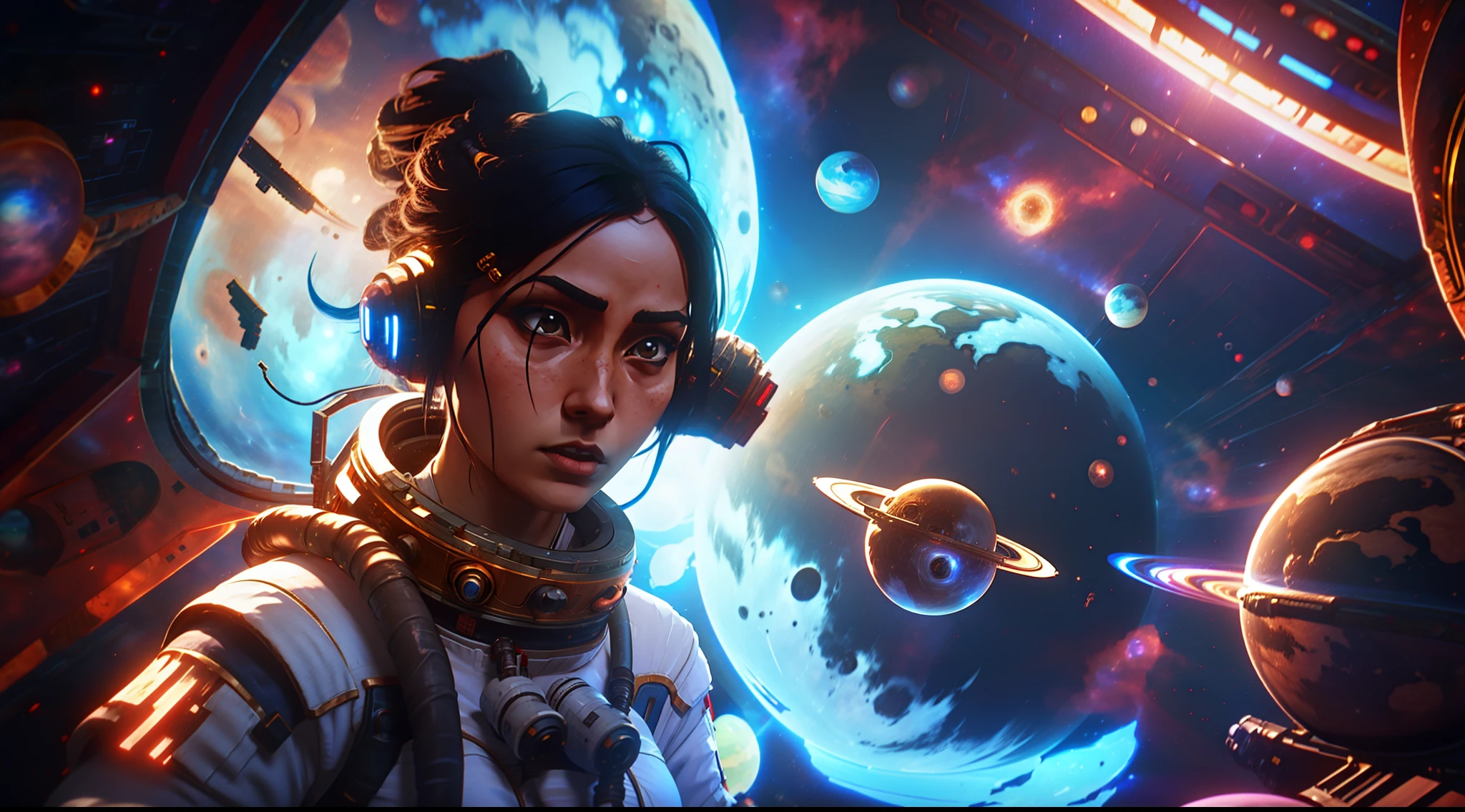 There is a female astronaut in space,There are planets behind it