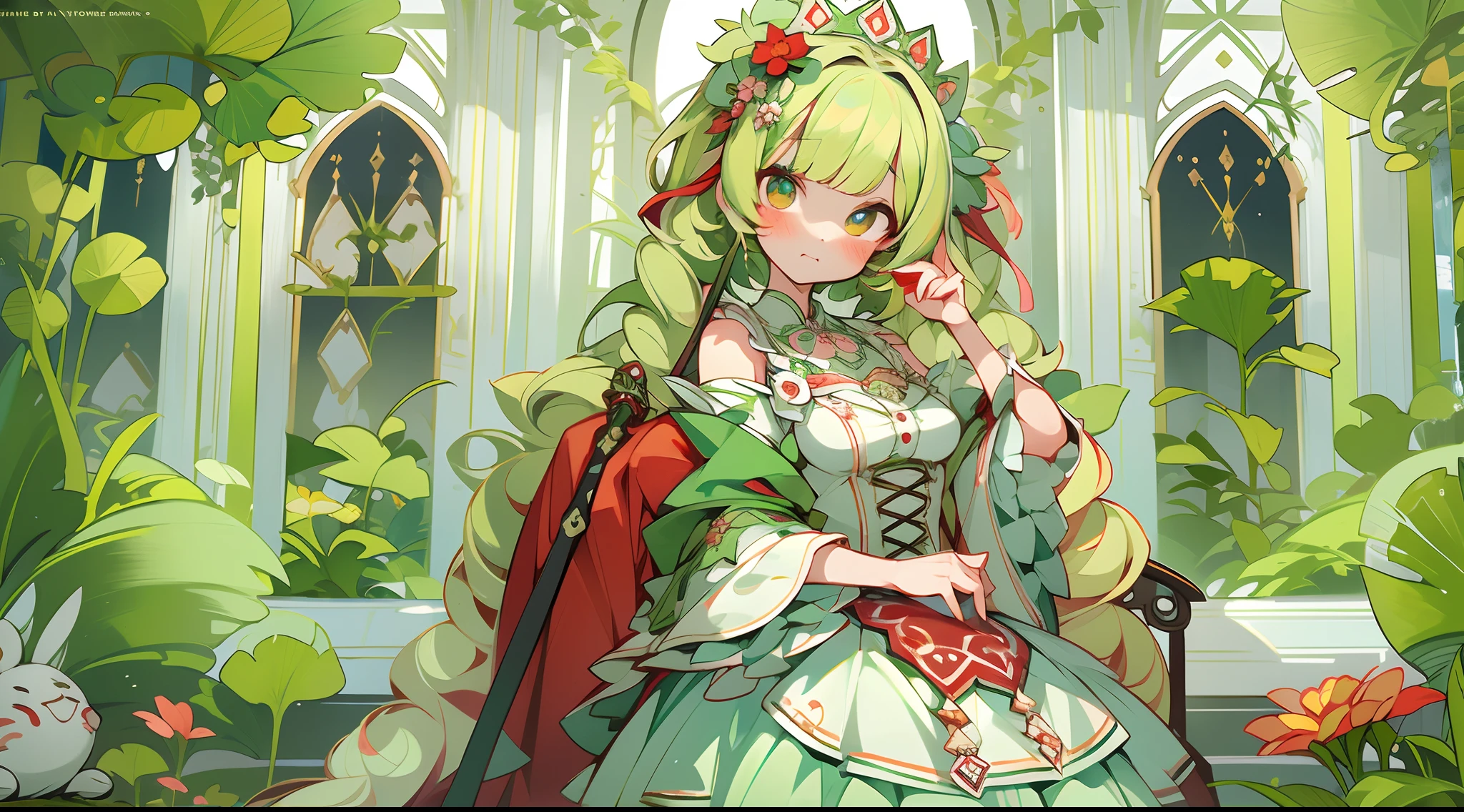 (1 Gothic Lolita), (standing full-body), (Full body standing painting), 1 Princess，(standing full-body)，独奏, BJD dolls, Blush, long  skirt，character  design, fanciful, alice in the wonderland, Gothic Lolita red dress, Green high socks, White flowers, ((red colour)), Blonde hair, Short hair, Double up braid, tmasterpiece, top Quority，best qualtiy，超高分辨率，Exquisite facial features,