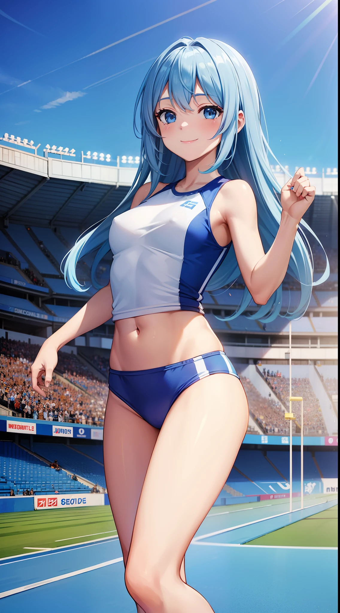 Super Idol、a beauty girl.(track and field). adorable smiling、Light blue long hair、Twin-tailed、(World Athletics).(Blue White Track Uniforms:1.2), Sleeveless, (spectator seats).(Photo Full stadium).(Independent Track and Field Uniform).competition, Perfect hands, Show belly, Running
