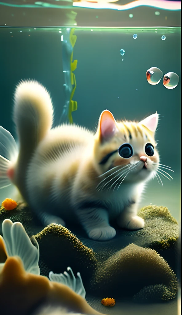 Cute baby cat with fish and seaweed and bubbles,Full-figured,Raw photo, Realism,There are a lot of small fish swimming in it