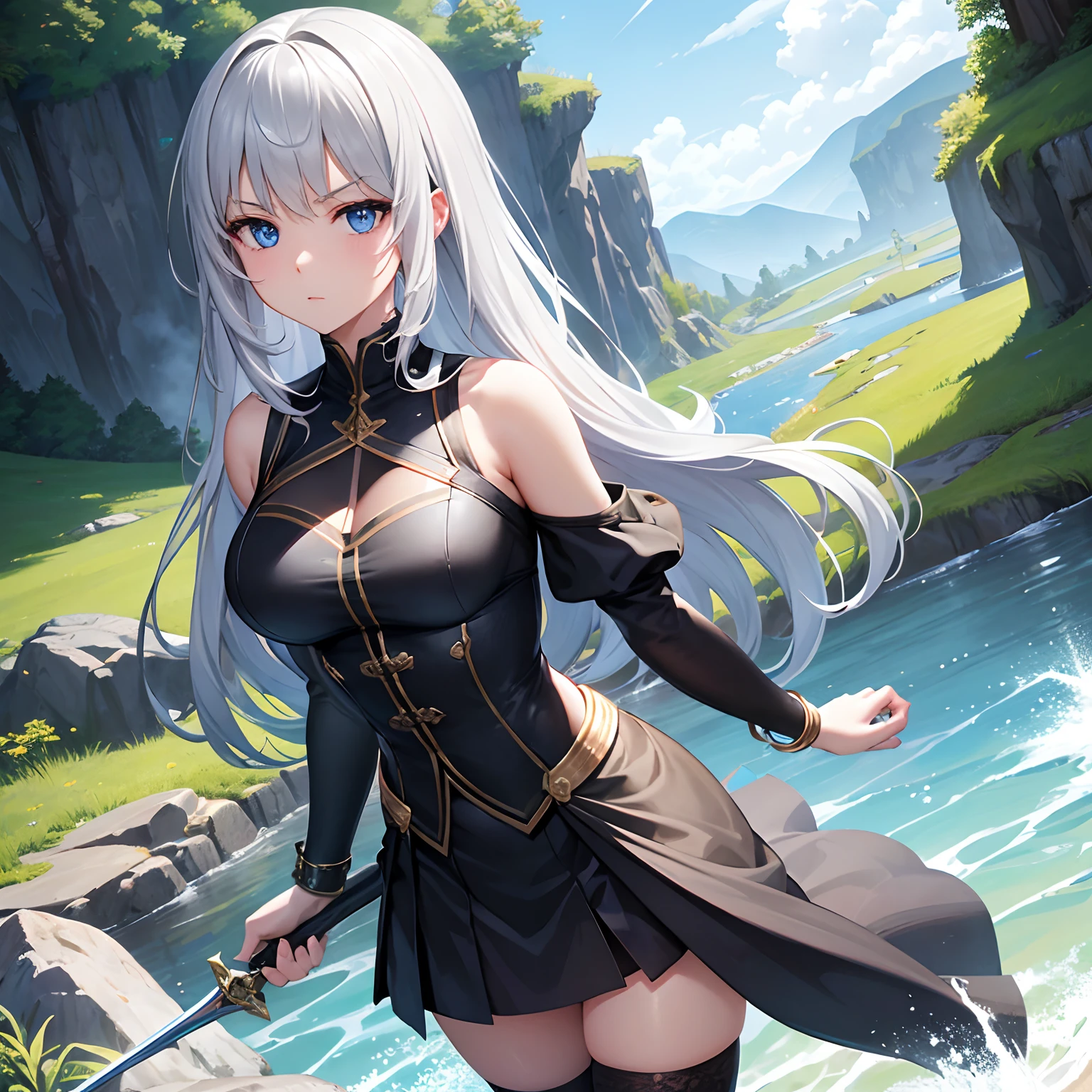 Masterpiece, Best quality, Ultra-detailed),(1girll), Blue eyes, Long hair, brunette, Dynamic Angle, Dynamic pose, Natural lighting, Floating, (Colorful tops:1.2|Black top), (Long skirt:1.2|Black stockings:0.9), (Silver bracelet:1.2|Watch), (Natural background:0.8| Rural scenery), (Serious expression), (light in the hair), many drops of water:0.8,Carrying a big sword