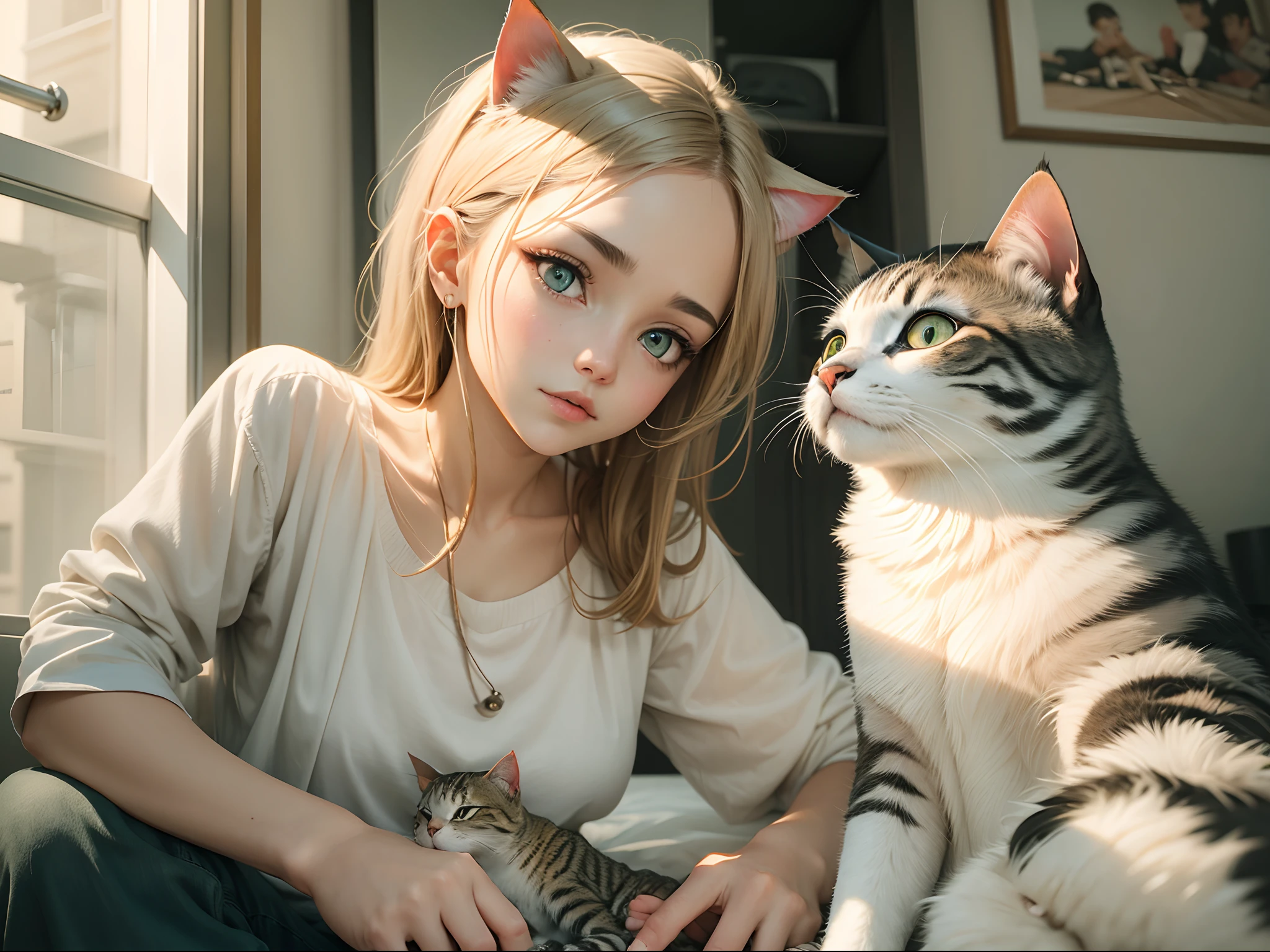 blond haired girl with a hello kitty stuffed animal on a bed, avril lavigne, hello kitty, very beautiful cute catgirl, ellen von unwerth, attractive cat girl, hello, !!!! cat!!!!, yami kawaii, white cat girl, white ( cat ) girl, devon cady-lee, hana alisa omer, elokitty