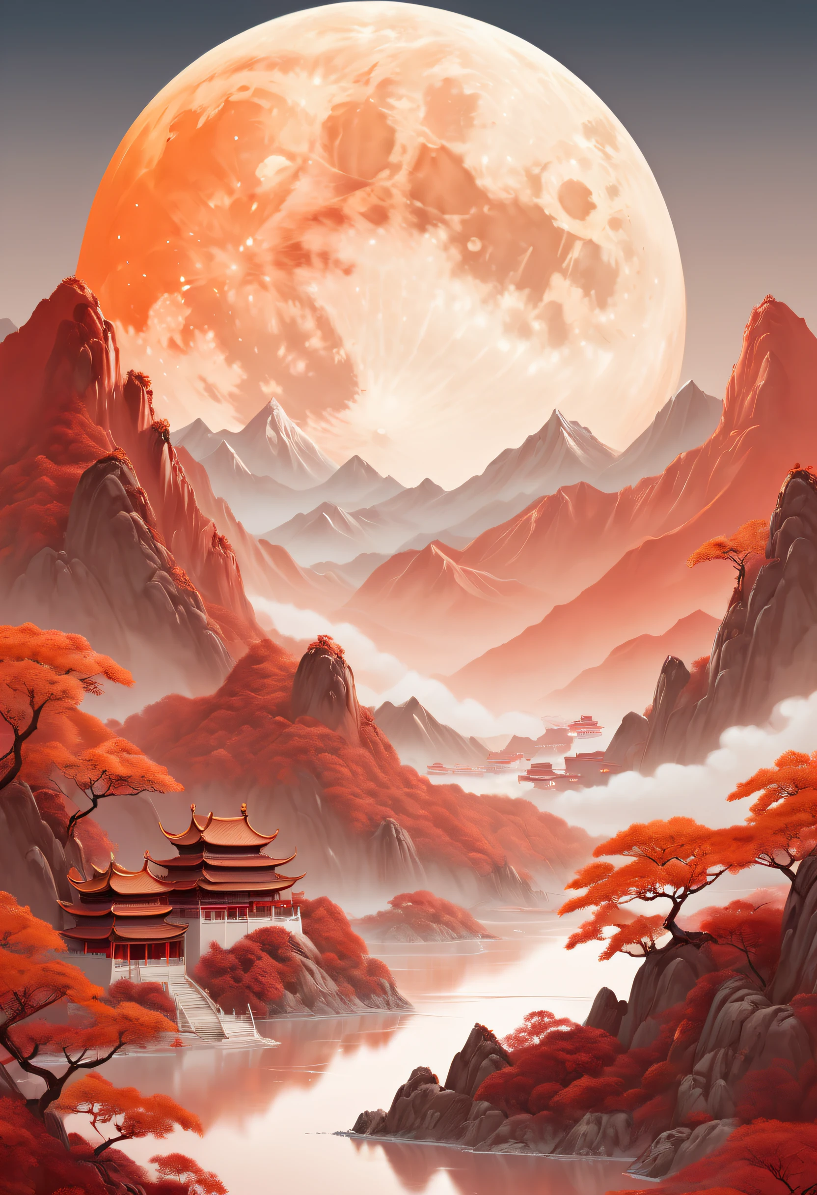 a moon image in the sky with mountains, in the style of light beige and crimson, dreamlike illustration, spatial concept art, chinese-inspired art, ultra detailed, white and orange, tropical landscapes