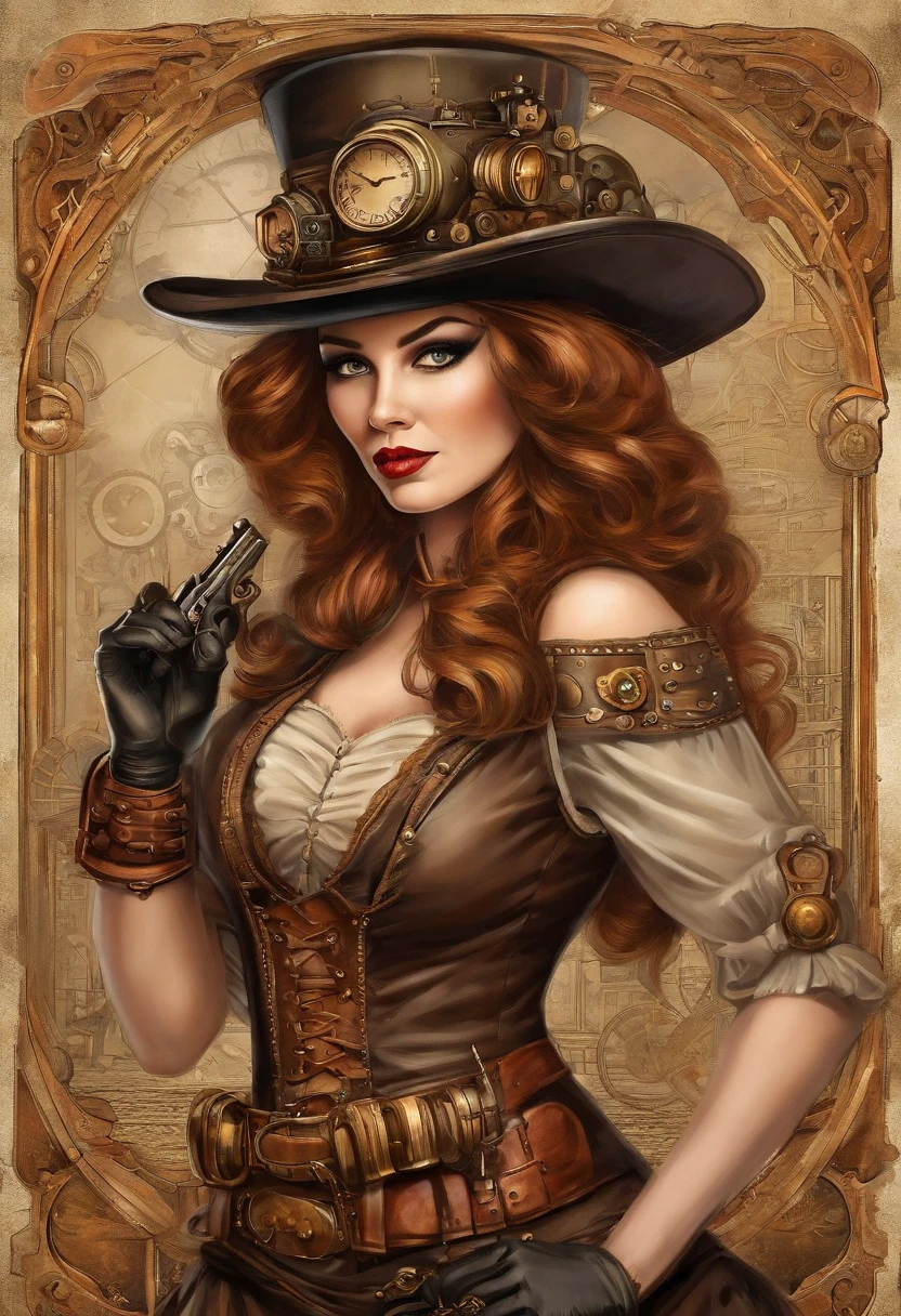 There's a woman wearing a Steam Punk hat and holding a gun.., Steampunk, usando trajes Steampunk, meninatora steampunk, (Steampunk), ( Steampunk ), estilo steampunk, Steam-punk, Steampunk Fiction, steampunk aesthetic, uma deusa Steampunk bonita, steampunk mulher anime bonita, Steampunk, fantasia Steampunk, estilo de fantasia steampunk, arte steampunk, arte digital steampunk, roupas Steampunk