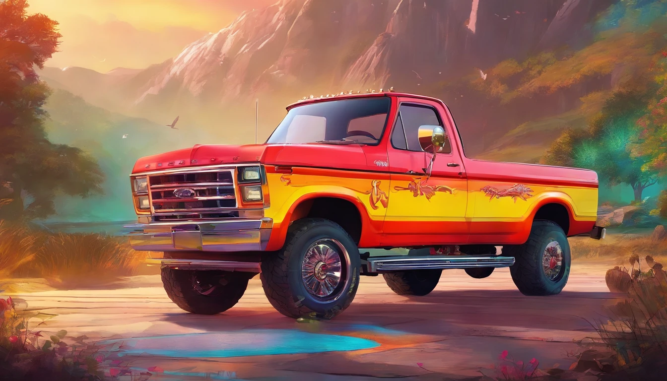 Render of an 80s Ford pickup truck, showcasing the characteristic design elements of that decade, with wide fenders and a prominent hood. The truck stands out with its vibrant color and the distinct text 'El Pelavacas' emblazoned on the front.