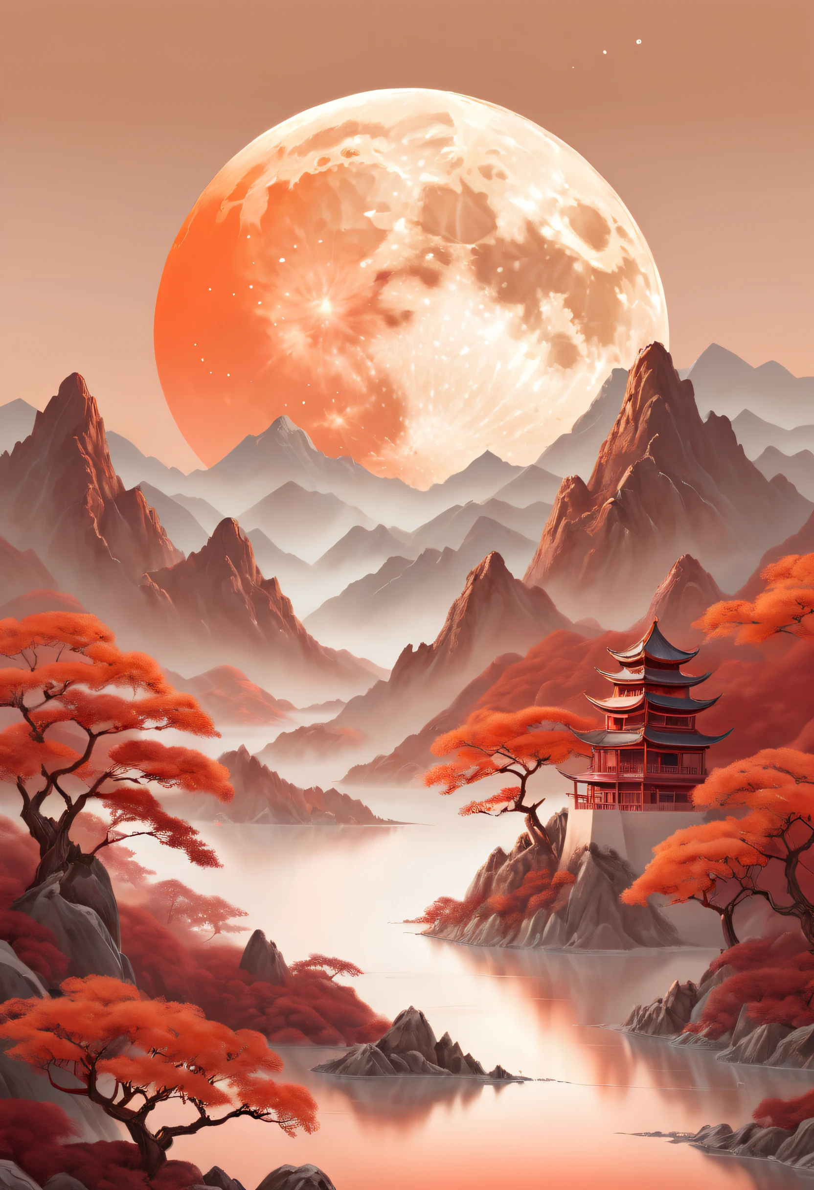 a moon image in the sky with mountains, in the style of light beige and crimson, dreamlike illustration, spatial concept art, chinese-inspired art, ultra detailed, white and orange, tropical landscapes