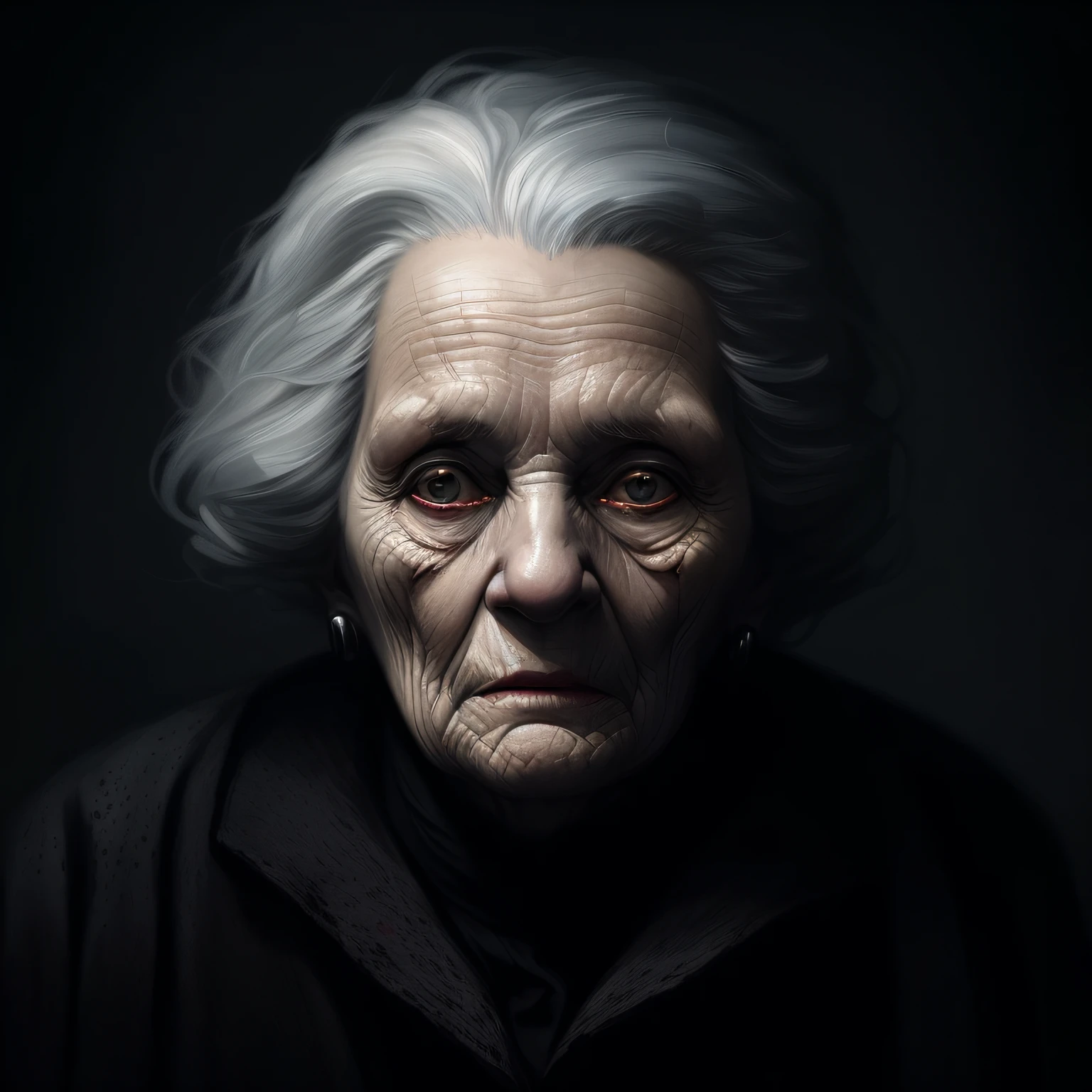 an old woman with white hair and a black jacket, by Darek Zabrocki, ultra realistic digital painting, dramatic portrait, hyper realistic digital painting, by László Balogh, realistic digital painting, hyperrealistic digital painting, old lady, by Adam Marczyński, scary portrait, by Fabien Charuau