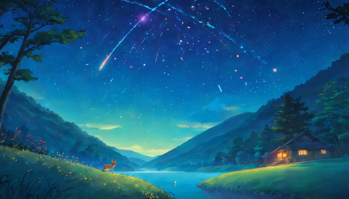 In the infinite universe, Starry sky wrapped in pitch black darkness, A shining meteor is spinning a special story. There are small river valleys around it,There is a fawn、Fireflies appear,hyper HD