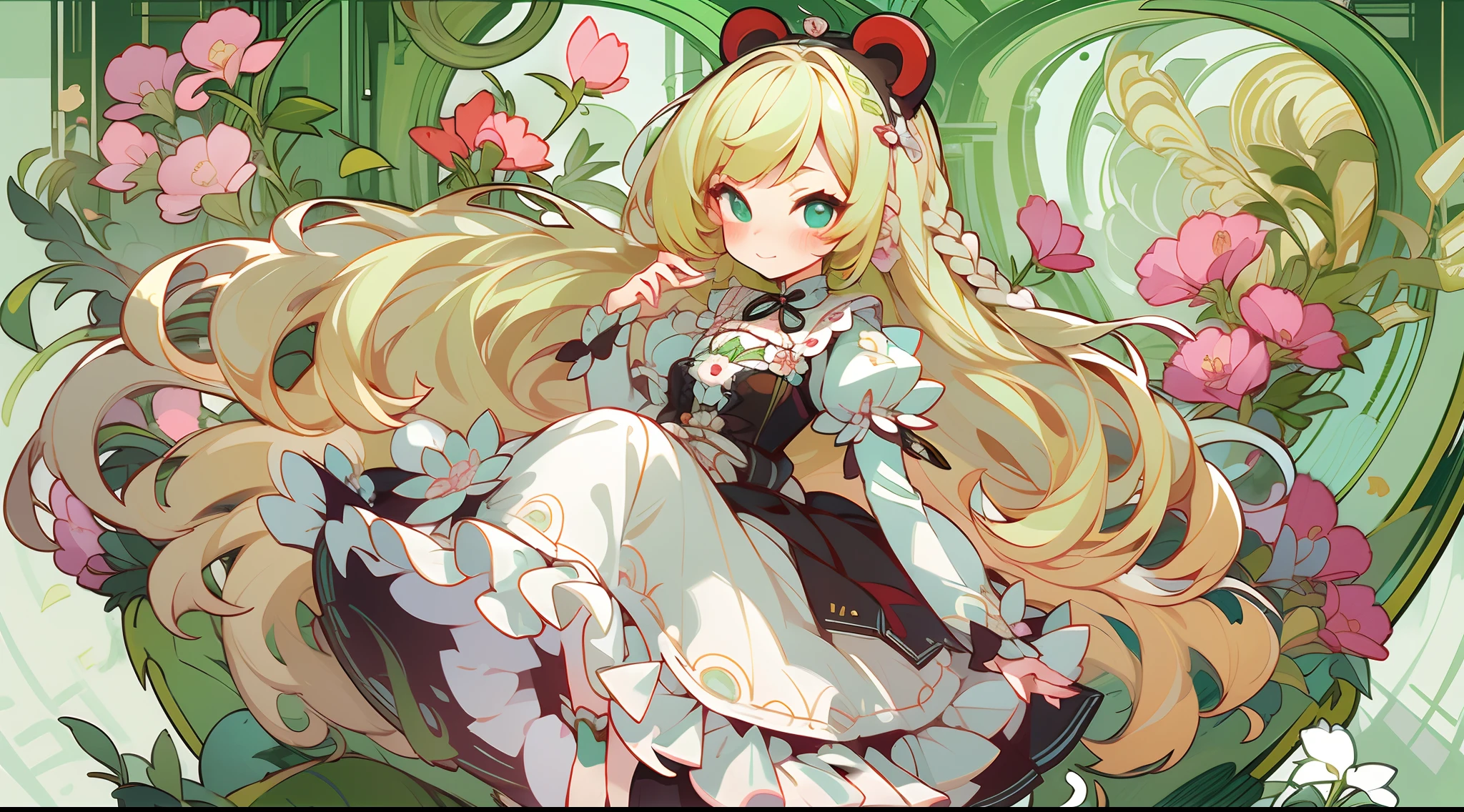 (1 Gothic Lolita), (standing full-body), (Full body standing painting), 1 Princess，(standing full-body)，独奏, BJD dolls, Blush, long  skirt，character  design, fanciful, alice in the wonderland, Gothic Lolita red dress, Green high socks, White flowers, ((red colour)), Blonde hair, Short hair, Double up braid, tmasterpiece, top Quority，best qualtiy，超高分辨率，Exquisite facial features,