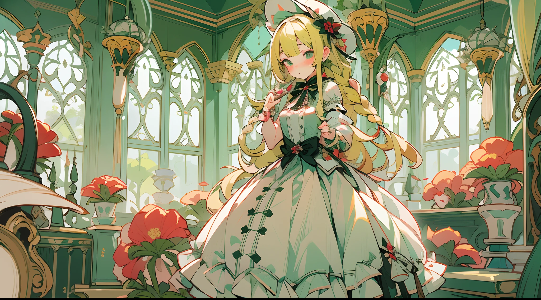(1 Gothic Lolita), (standing full-body), (Full body standing painting), 1 Princess，(standing full-body)，独奏, BJD dolls, Blush, long  skirt，character  design, fanciful, alice in the wonderland, Gothic Lolita red dress, Green high socks, White flowers, ((red colour)), Blonde hair, Short hair, Double up braid, tmasterpiece, top Quority，best qualtiy，超高分辨率，Exquisite facial features,