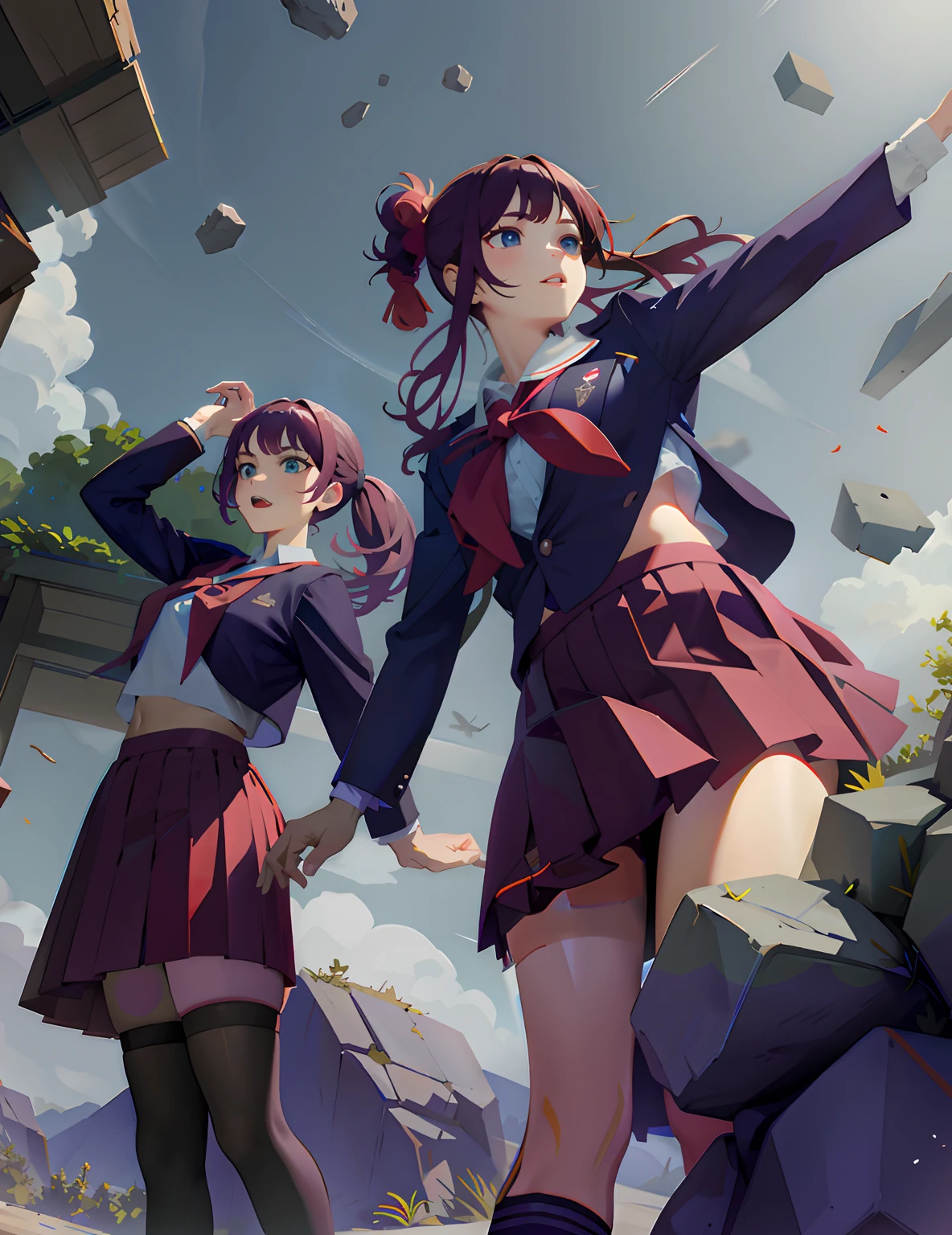 twins,school uniform,same outfit,falling rocks,(best quality,4k,8k,highres,masterpiece:1.2),ultra-detailed,(realistic,photorealistic,photo-realistic:1.37),portraits,landscape,vivid colors,bokeh,warm tones,sunlight,crystal clear,innocent,girlish,confident,sharp focus,blonde hair,twintails,sparkling eyes,flowing hair,big smile,happy expression,scattered papers,fluttering skirt,twisting pose,running toward the camera,beautiful scenery,altering reality,dramatic sky,cloud formations,crumbling ruins,strewn rocks,rippling water,leaves swirling,gusty wind,fast motion,energetic,action-packed