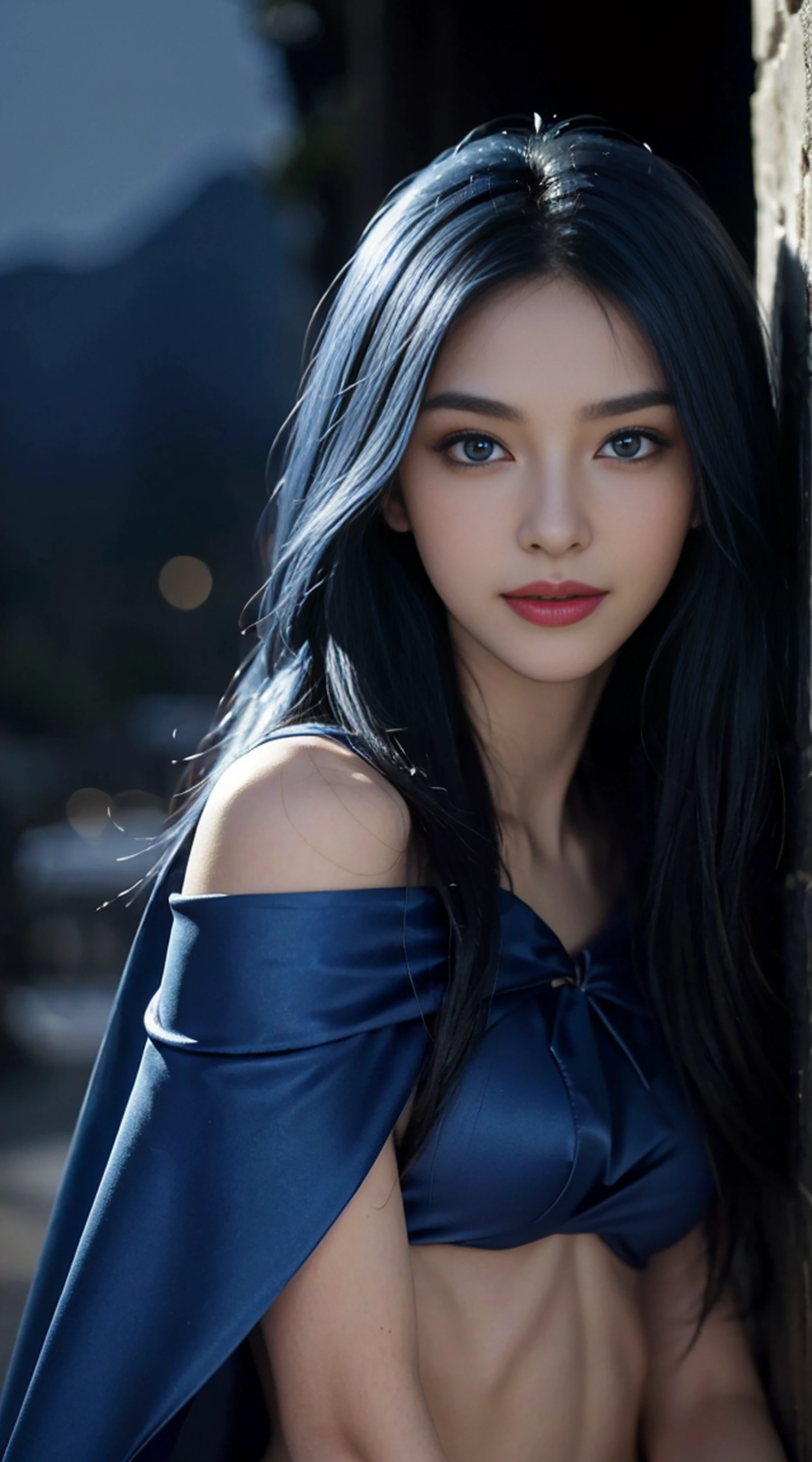 8K, Top Quality, Intricate Details, Ultra Detail, Ultra High Resolution, Masterpiece, random angle, Slender, Smile, (Makeup: 0.4), (Fluffy Blue Eyes: 1.21), blue Eyes, looking at viewer, ((full body)), 1girl, solo, 1 girl, (( full body)), close up shot, , ((tall)), (((fit body))), (((slim face))), sharp face, sharp eyes, (( blue hair, long hair, )) (detailed face), sharp face, small lips,
((mini cape)), detailed face, detailed breast, , large breast, detail ass, , Beautiful girl with accentuated slender abs: 1.4, Six Pack Abs: 1.4, Bust Botox, Big, Perfect Body, detail leg, (( moonlight)), top of mountain