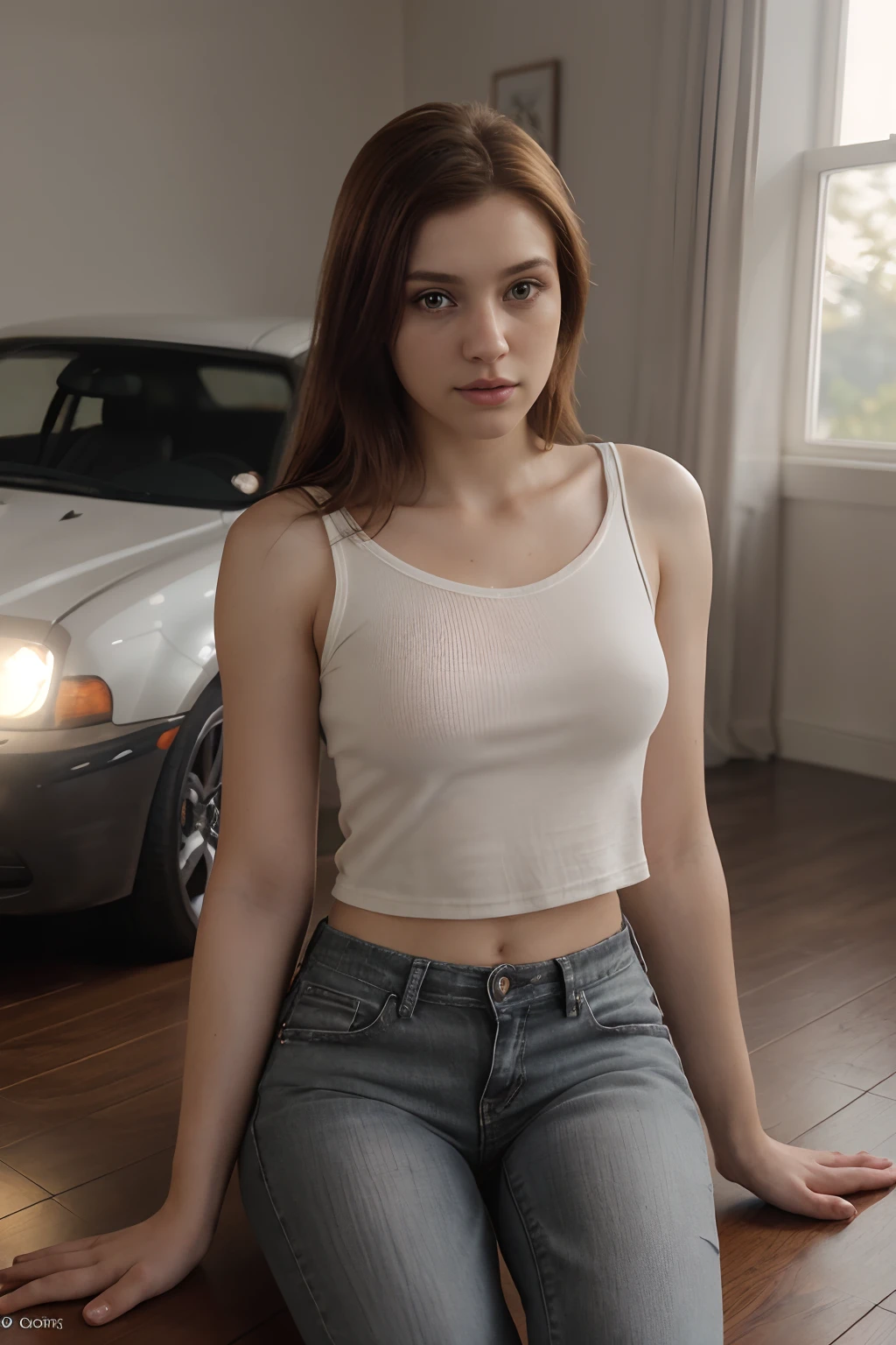 portrait of a girl, 23 years old, shy, introvert, short sized shoulder length straight reddish brown hair, hazel eyes, sitting on the floor, beside a big car, wearing white full shirt and black jeans, high resolution, photorealistic, photo, realism, sharp photography, a photograph of, maximum detail, sharp focus, intricate details, ultra - realistic, cinematic lighting, volumetric lighting, photography, beautiful details, cinematic lighting, render, 8k, Portra 800 medium format film, 105mm SMC Takumar, 3200 dpi scan, mist, octane render, unreal engine, 2k, photorealistic, digital, detailed, extra fine details, award photo quality, photorealism, 2k, uhd, unreal engine, octane, highly realistic resolution uhd 2koctane,
