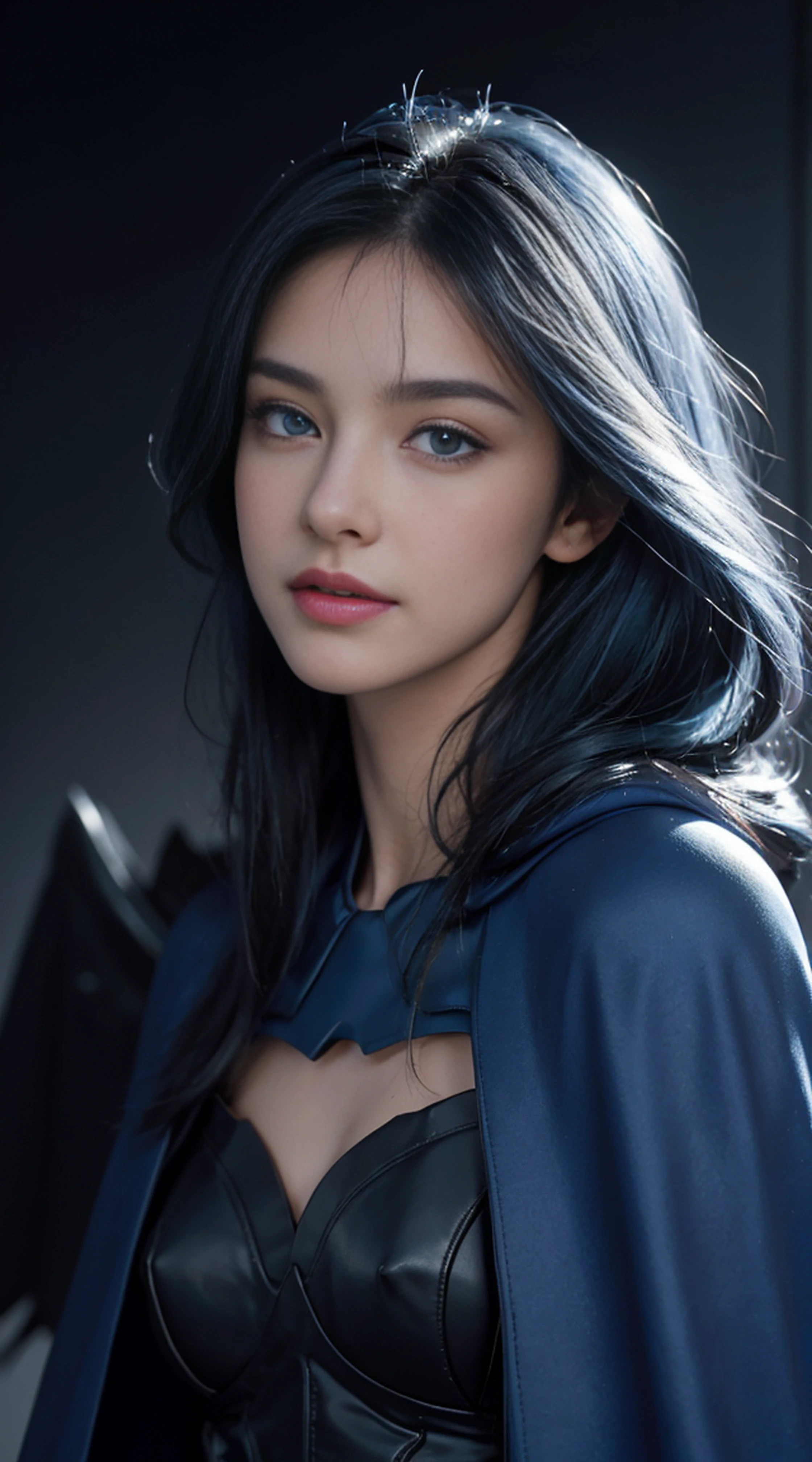 8K, Top Quality, Intricate Details, Ultra Detail, Ultra High Resolution, Masterpiece, close up shot, face shot, close up shot, portrait, face shot, passport shot, (full body: 1.1), Slender, Smile, ((smirk)) (Makeup: 0.4), ((,)), (Fluffy blue Eyes: 1.21), (()), 1girl, solo, 1 girl, ((, ,bangs, blue hair, bangs, long hair, bangs, messy hair )), close up shot, , ((tall)), (((fit body))), (((slim face))), sharp face, ((, wind blow hair, )) , (detailed face), sharp face, small lips, ((batman suit, batman eye mask, batman suit, batman mask, )), , (( )), detailed face, detailed breast, , ((detailed nipples)), detail ass, Narrow Waist, Skinny, tall , 175 cm tall, Muscular, Navel, Exposed Abdomen, Pointed Chest,, Beautiful girl with accentuated slender abs: 1.4, Six Pack Abs: 1.4, Bust Botox, Big, Perfect Body, detail leg, (( dark background)), black background,
