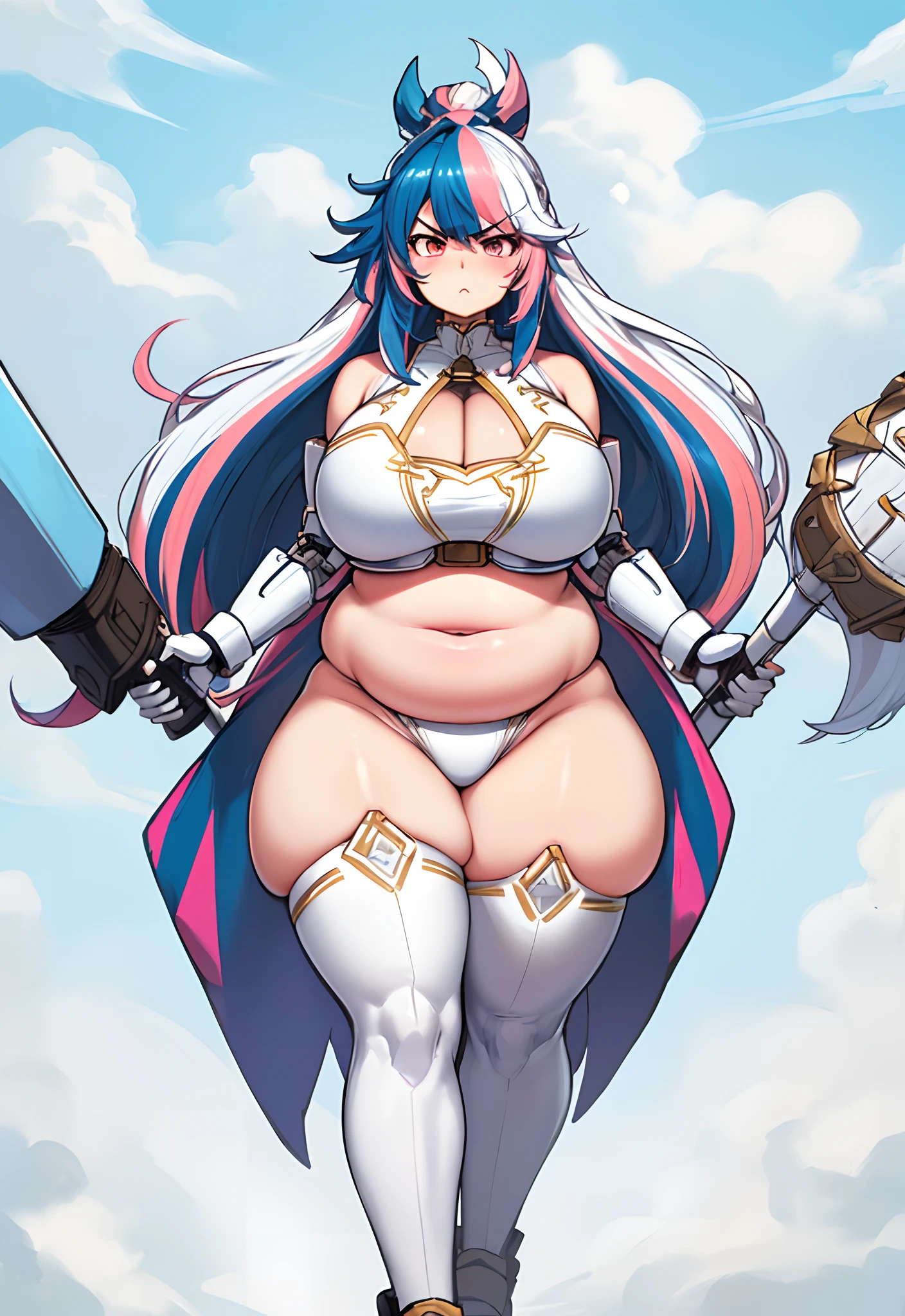 a anime styled image of a fat man with a large white cybernetic Hammer in his hand, he has a jiggly fat round belly,( belly_bigger_than_body), thicc, big belly, belly_on_ground, body swelling about to explode, belly exposed, thicc build, fatbody, fat belly,(( gigantic_hips)) ,(( hyper thighs,gigantic ass)) , (Short build), ((White hair with Blue and Pink Streaks)) androgynous, plump , Femboy , Messy hair, SFW, High quality, expression( annoyed and Angered),((High quality, masterpiece High aesthetic)),nepOutfit, Underwear,(ssbbw)