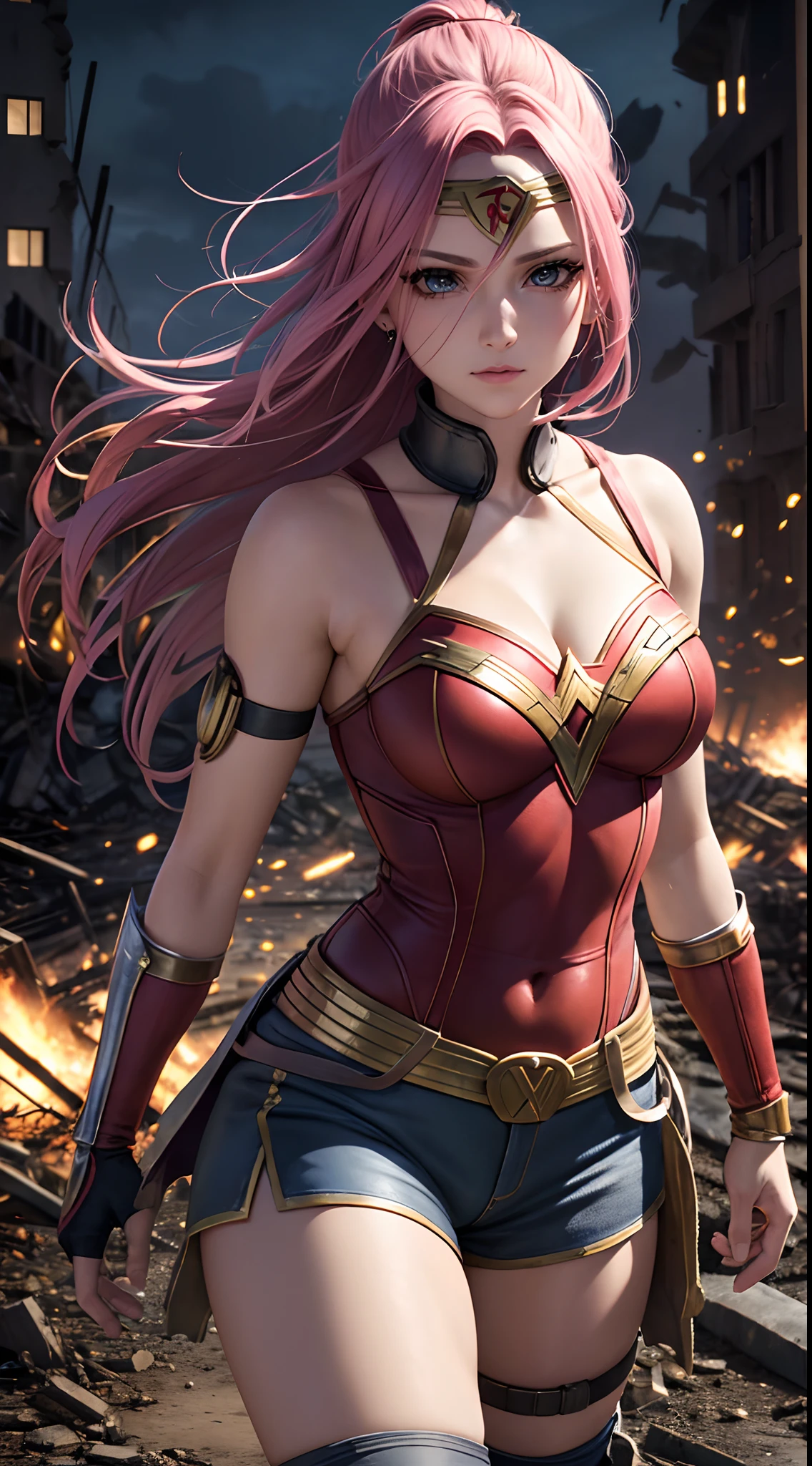 Sakura Haruno como Wonder Woman, DC Comics, extremadamente realista,More detailed 8K.motor irreal:1.4,UHD,La mejor calidad:1.4, fotorrealista:1.4, textura de la piel:1.4, obra maestra:1.8,obra-prima, mejor calidad,objeto Objeto], (detailed face features:1.3),(manos detailed:1.4),(Apocalyptic destroyed city Al:1.4)
