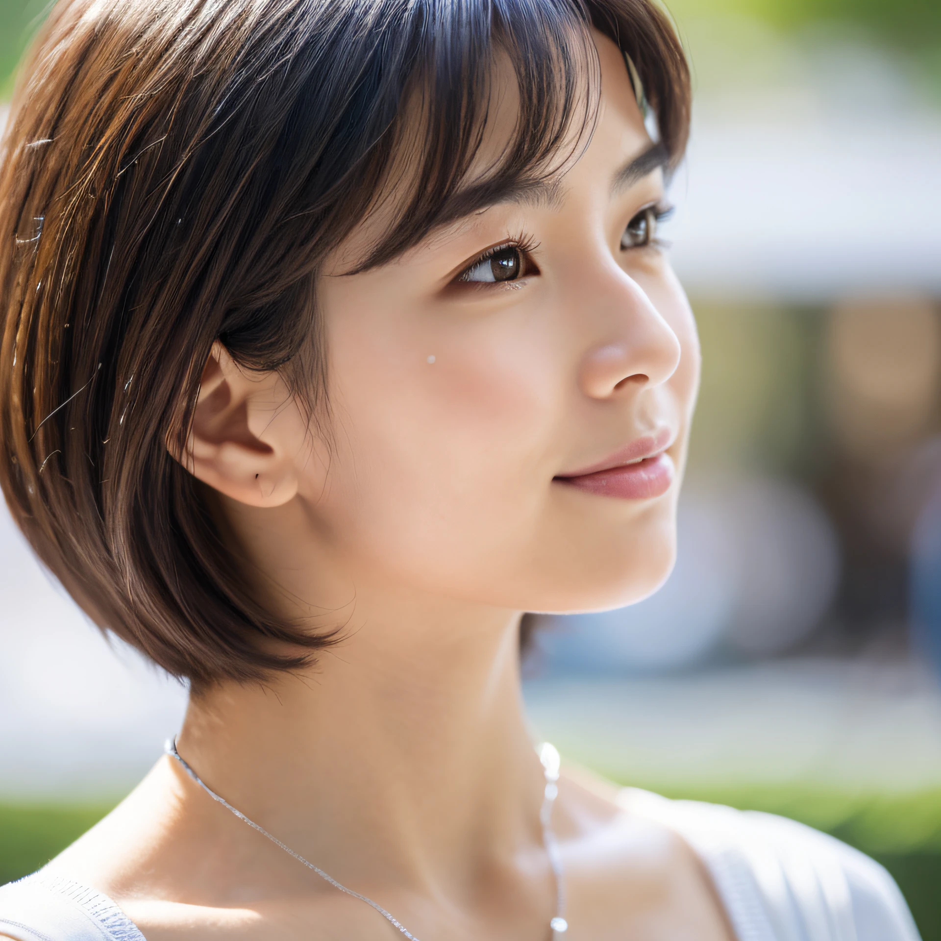 (in 8K, top-quality, masterpiece:1.3, 超A high resolution, A hyper-realistic), high detailing, ((Face like the real thing)), Photorealsitic, Raw foto, ((one beautiful women)), 27yo, Detailed face, beautidful eyes, realisticeyes, Eyes in Beautiful Details, (real looking skin), Beautiful skins, enticing, depth of fields, hight resolution, High pixel count, clear details, sharp photo, Natural color reproduction, Noise Reduction, High fidelity, quality, Software Updates, Optimized algorithms, Stylish café terrace, Everyday clothes, Neat and clean clothing, perfect bodies, face perfect, perfect chest, perfect teeth, Perfect tooth alignment, small tits, Sexy lips, Ears are visible, Looking away, Natural perspective, (Don't look into the viewer's eyes), a smile, kindly smile, Beautiful skins, enticing, the golden ratio, (Detal Face:1.2), profetional lighting, Lighting the face, best light, japanes,japanaese girl, Photo of a cute Japanese woman, Small necklace, Thin Silver Necklace, simple background, (Photo from the side:1.2), Casual pose, Short hair swaying in the wind