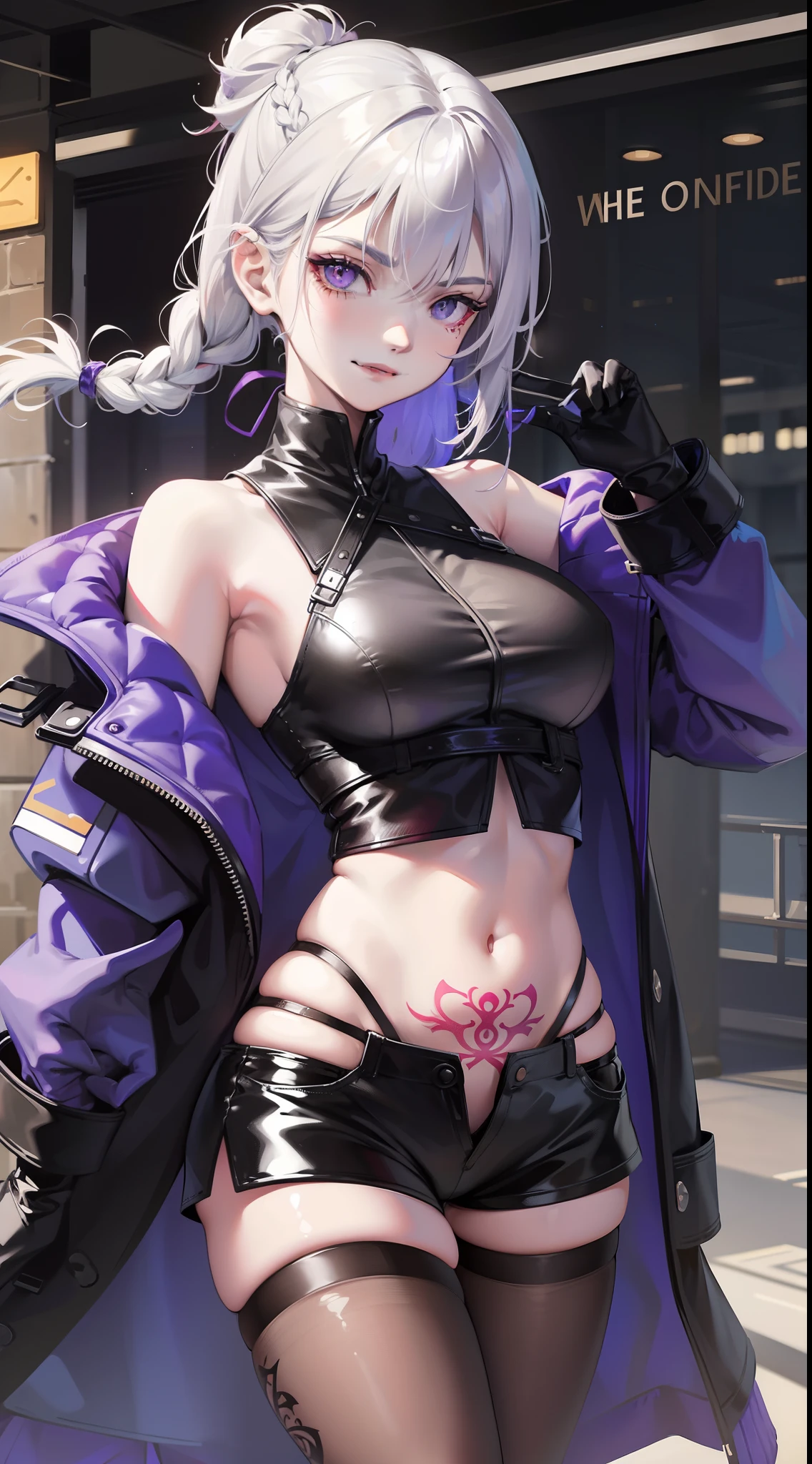 young girl, short white hair, braid, violet eyes, Blue Leather Coat, Sleeveless, open belly, Shorts, Long pantyhose, Long Grey Gloves,, red tattoo, smirk, Masterpiece, hiquality, 4k, HD, Good detail