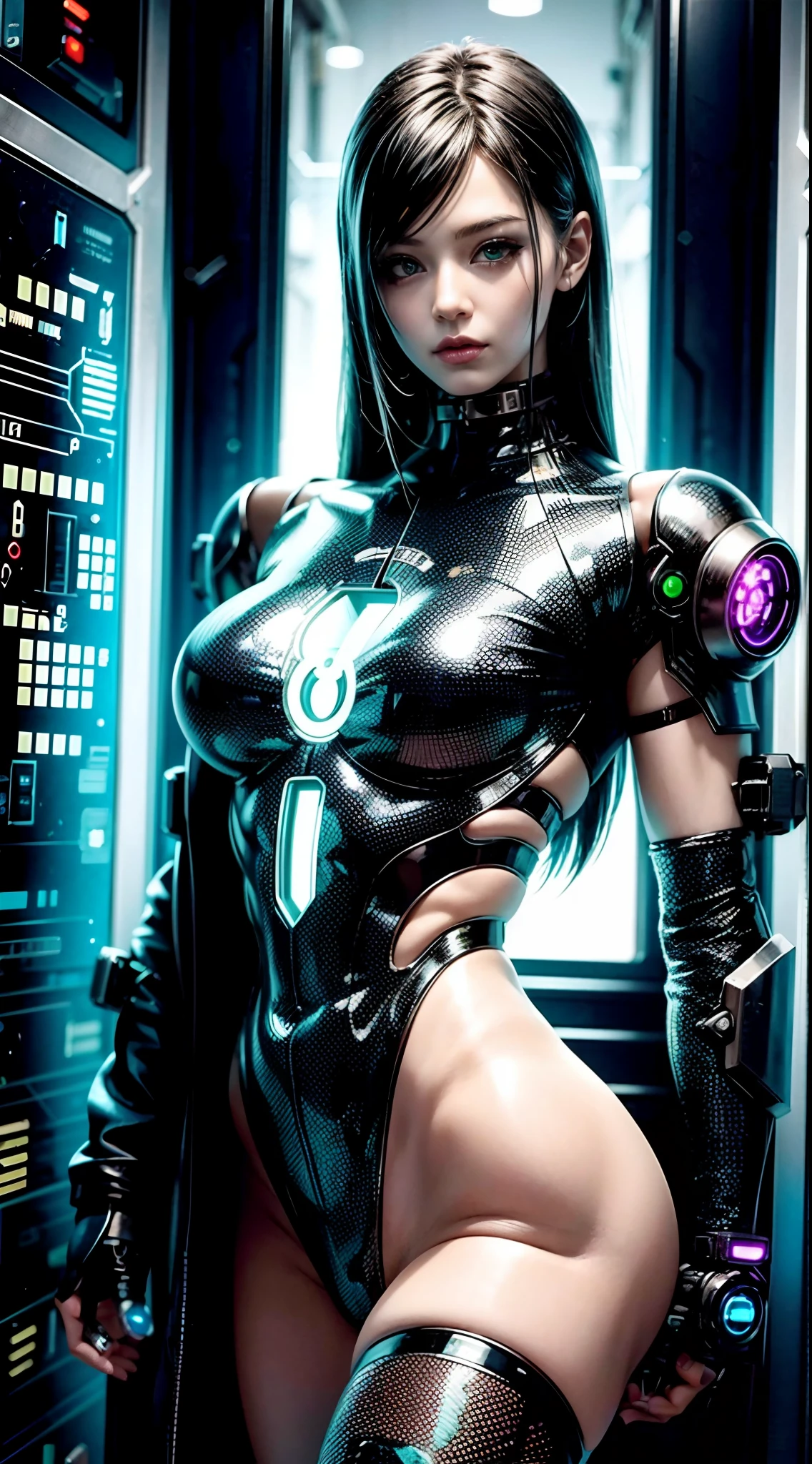 cyberpunk cyborg mechanical girl Aesthetically pleasing physique with parts that are transparent, cyborg,while others are composed of machinery, wires, and circuit boards.concept design, award winning, polycarbonate, pcb, wires, electronics, fully visible mechanical components