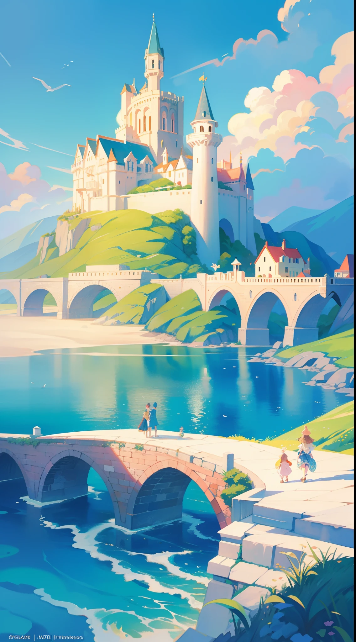 picture book illustration, watercolor storybook illustration, ocean castle, (seaside castle), towers, archways and bridges, vibrant pastel colors, dream, colorful, whimsical, magical, masterpiece, best quality, sharp focus, intricately detailed environment, fine detail, 8k resolution, (ocean), (seaside), horizon