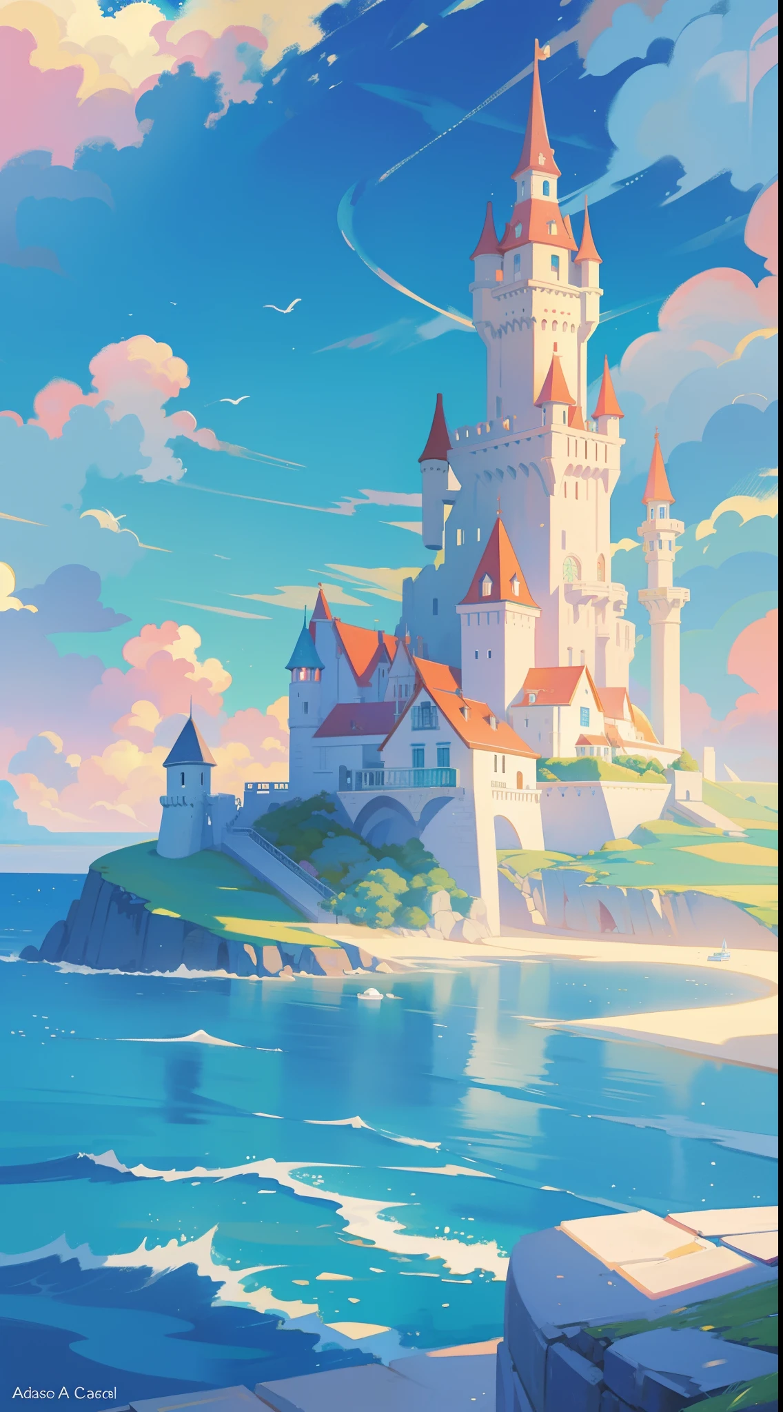 picture book illustration, watercolor storybook illustration, ocean castle, (seaside castle), towers, archways and bridges, vibrant pastel colors, dream, colorful, whimsical, magical, masterpiece, best quality, sharp focus, intricately detailed environment, fine detail, 8k resolution, (ocean), (seaside), horizon