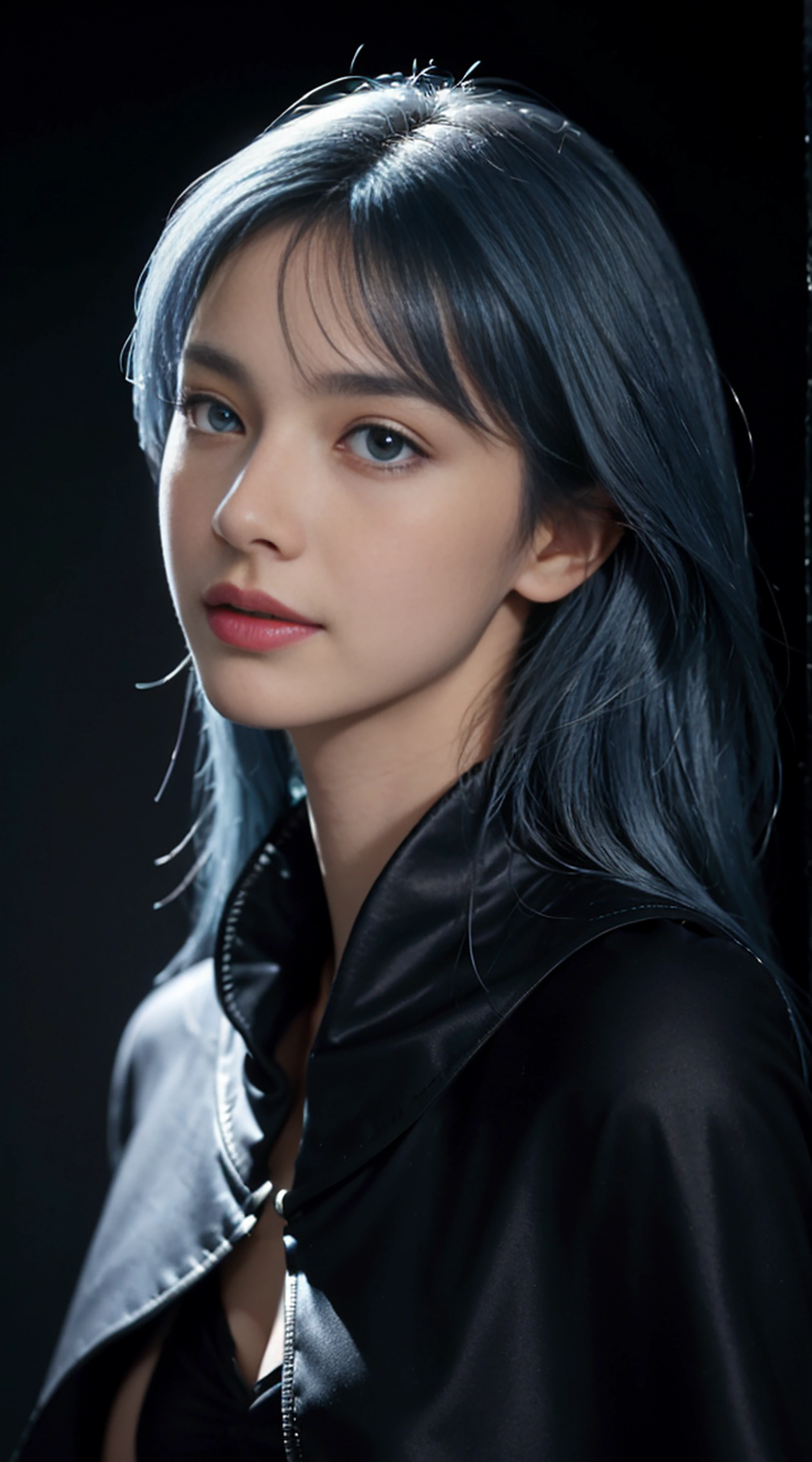 8K, Top Quality, Intricate Details, Ultra Detail, Ultra High Resolution, Masterpiece, random angle,  Slender, Smile, (Makeup: 0.4), (Fluffy Blue Eyes: 1.21), blue Eyes, looking at viewer, ((full body)), 1girl, solo, 1 girl, (( full body)), close up shot, , ((tall)), (((fit body))), (((slim face))), sharp face, sharp eyes, (( blue hair, long hair, ))  (detailed face), sharp face, small lips,
 ((torn cape, )),  detailed face, detailed breast, , large breast, detail ass, , Beautiful girl with accentuated slender abs: 1.4, Six Pack Abs: 1.4, Bust Botox, Big, Perfect Body, detail leg, (( moonlight)), top of mountain