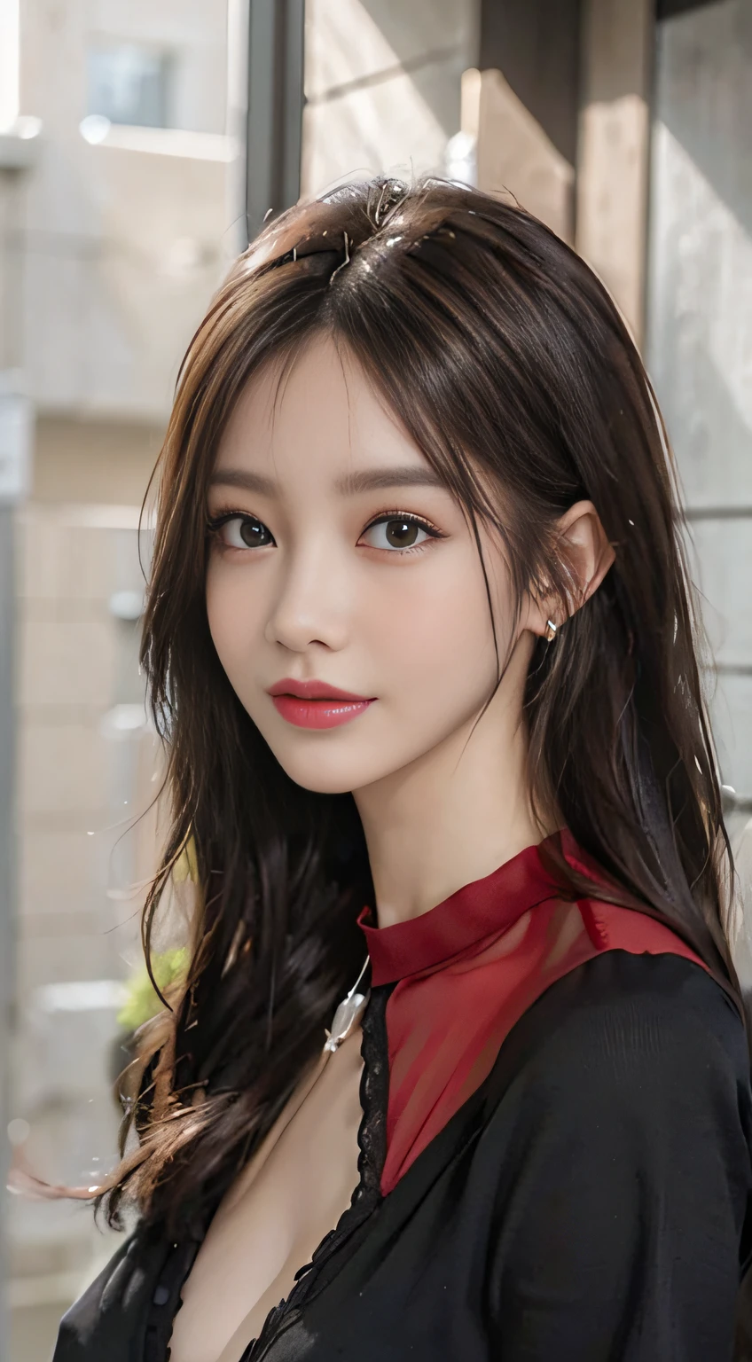 (Best Quality,4K,8K,hight resolution,masutepiece:1.2),Ultra-detailed,(Realistic,Photorealistic,Photorealsitic:1.37),Beautiful expressive eyes,long eyelashes,Beautiful detailed lips,Detailed hair and face,Friendly smile,Clean and perfect skin,(Very large breasts, Big Tits, oversized tits),long,(earrings, lace choker, Stylish black dress),Bright interior,