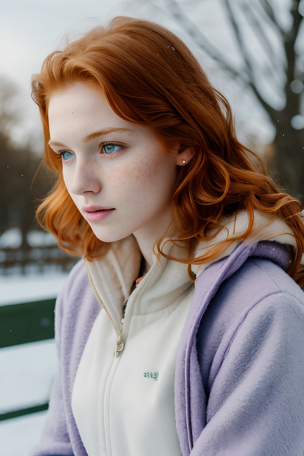 1girl in, age19, Solo, Aesthetic artwork, irish redhead, wavy ginger hair, shoulder length ginger hair, gray eyes, light grey eyes, some small freckles, pale skin, A-cup, small breasts, runners body, (textured skin, skin pores:1.1), (moles:0.8), imperfect skin, goosebumps, on a park bench sitting down, snow, snowy city park background, relaxing, innocent, (extremely detailed 8k wallpaper), (soft lighting), high quality, film grain, Fujifilm XT3 sharp focus, f 5.6, 50mm, High Detail, Sharp focus, (outdoor light), (in a purple winter jacket: 1.8). A purple jacket, fluffy lining, crazy details, complex details, hyperdetailed