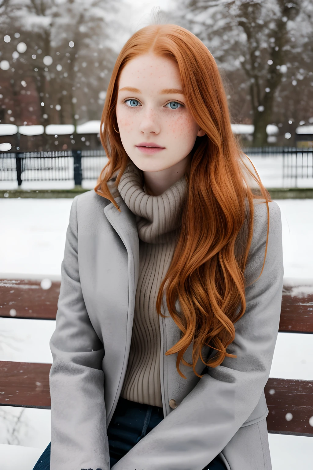 1girl in, 19, Solo, Aesthetic artwork, irish redhead, wavy ginger hair, shoulder length ginger hair, gray eyes, light grey eyes, some small freckles, pale skin, A-cup, small breasts, runners body, (textured skin, skin pores:1.1), (moles:0.8), imperfect skin, goosebumps, on a park bench sitting down, snow, snowy city park background, relaxing, innocent, (extremely detailed 8k wallpaper), (soft lighting), high quality, film grain, Fujifilm XT3 sharp focus, f 5.6, 50mm, High Detail, Sharp focus, (outdoor light), (in a purple winter jacket: 1.8). A purple jacket, fluffy lining, crazy details, complex details, hyperdetailed