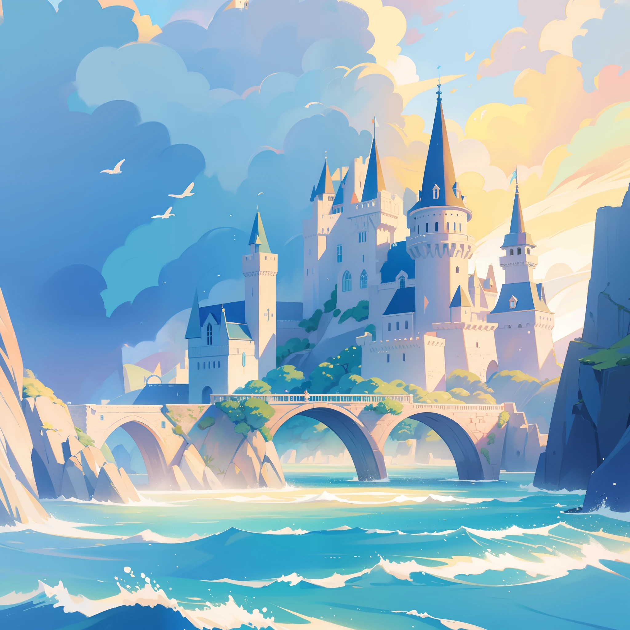 picture book illustration, watercolor storybook illustration, ocean castle, (seaside castle), towers, archways and bridges, vibrant pastel colors, dream, colorful, whimsical, magical, masterpiece, best quality, sharp focus, intricately detailed environment, fine detail, 8k resolution, (ocean), (seaside), horizon