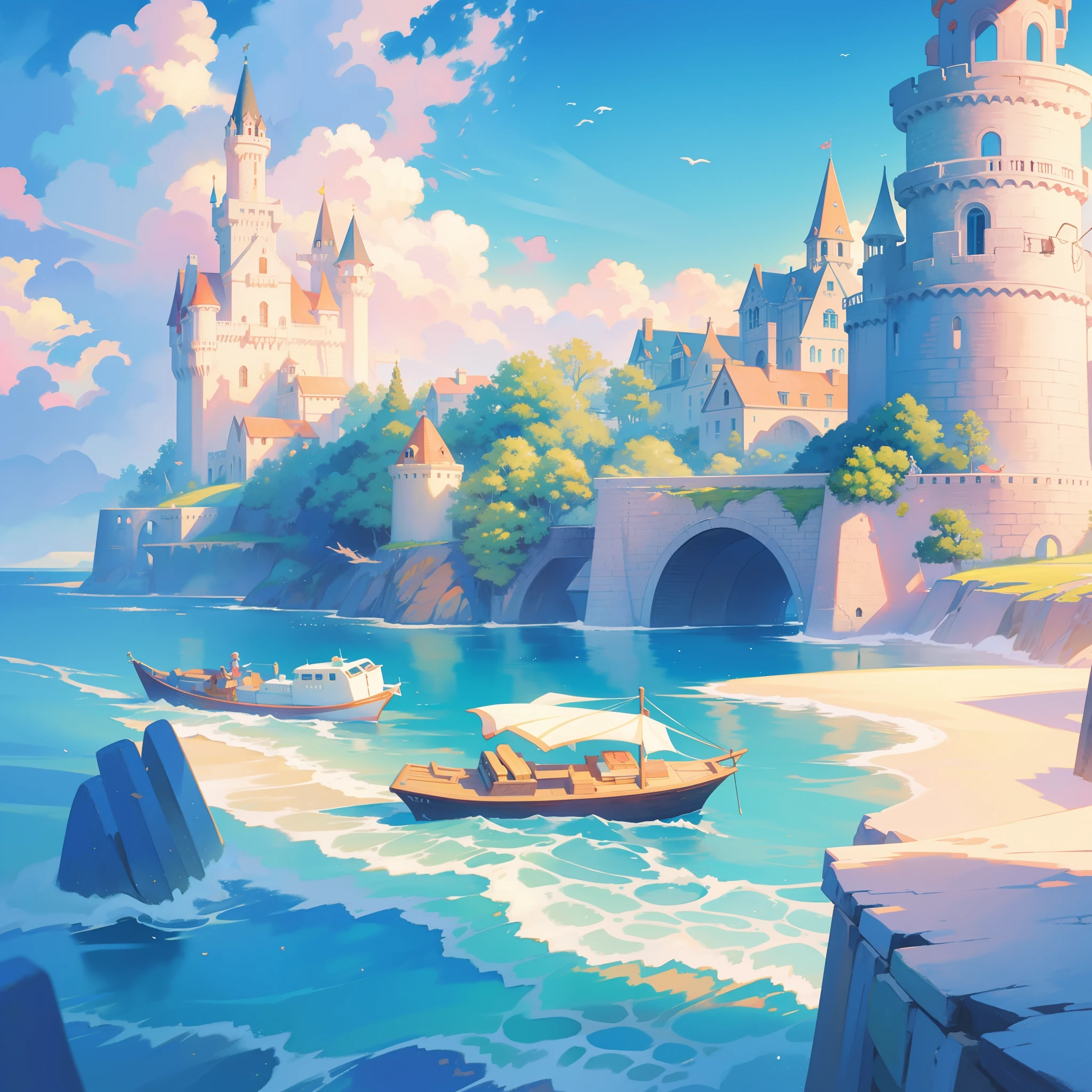 picture book illustration, watercolor storybook illustration, ocean castle, (seaside castle), towers, archways and bridges, vibrant pastel colors, dream, colorful, whimsical, magical, masterpiece, best quality, sharp focus, intricately detailed environment, fine detail, 8k resolution, (ocean), (seaside), horizon