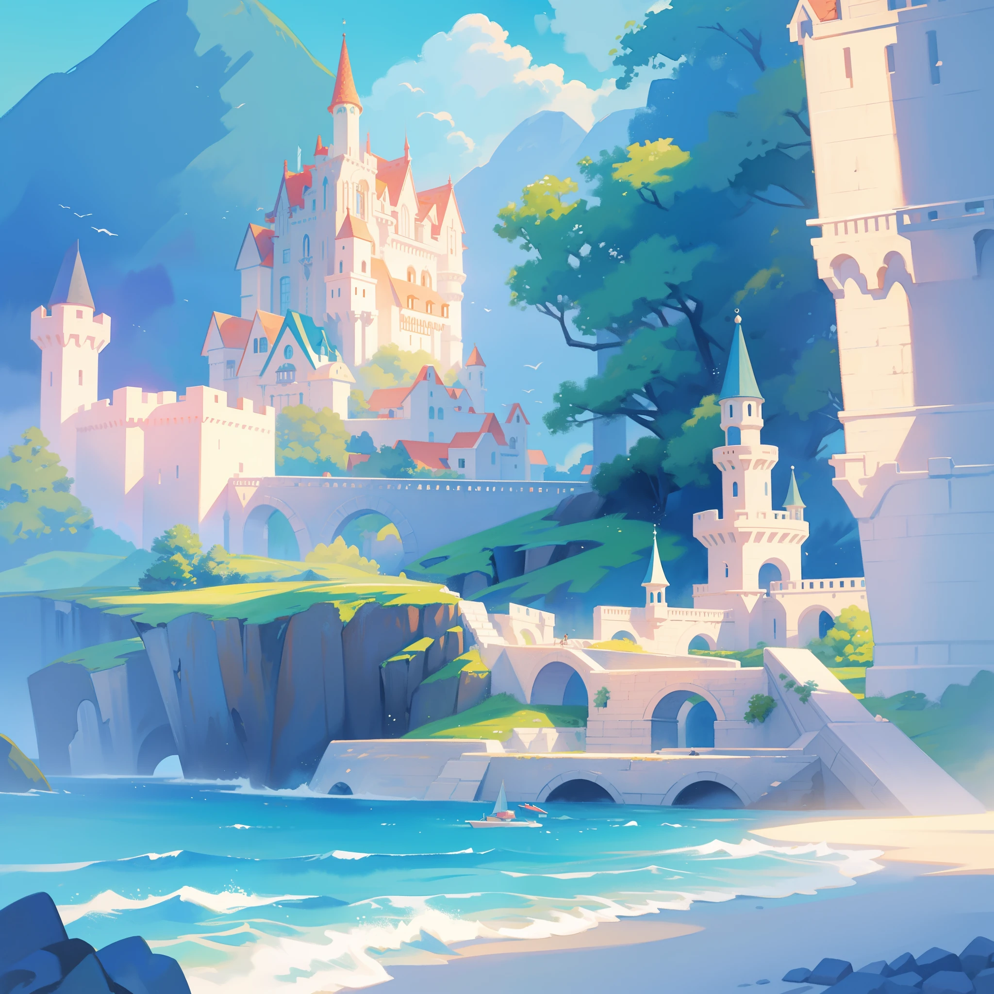 picture book illustration, watercolor storybook illustration, ocean castle, (seaside castle), towers, archways and bridges, vibrant pastel colors, dream, colorful, whimsical, magical, masterpiece, best quality, sharp focus, intricately detailed environment, fine detail, 8k resolution, (ocean), (seaside), horizon