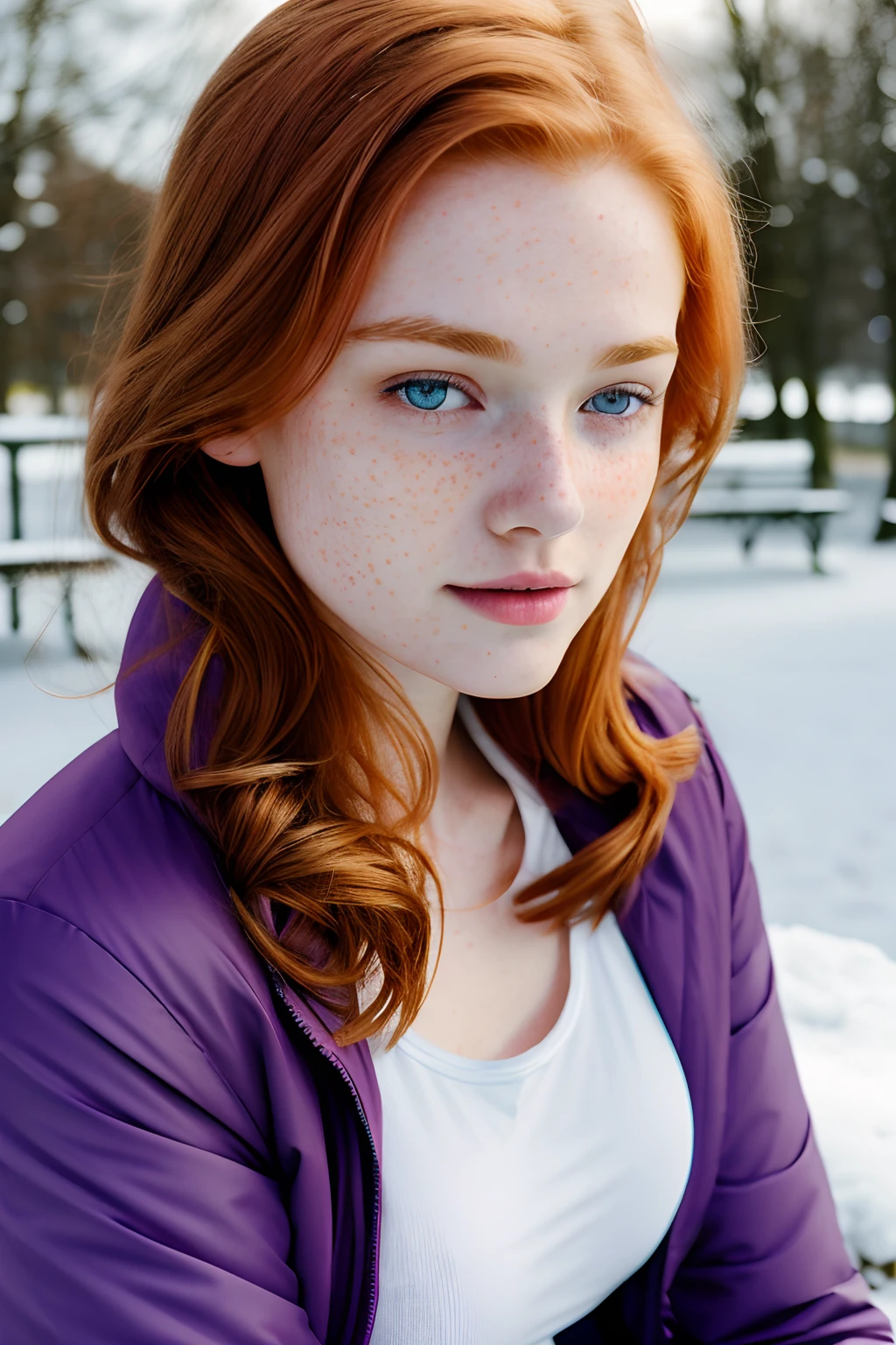 1girl in, age19, Solo, Aesthetic artwork, irish  redhead, wavy ginger hair, shoulder length ginger hair, gray eyes, light grey eyes, some small freckles, pale skin, A-cup, small breasts, runners body, (textured skin, skin pores:1.1), (moles:0.8), imperfect skin, goosebumps, on a park bench sitting down, snow, snowy city park background, relaxing, innocent, (extremely detailed 8k wallpaper), (soft lighting), high quality, film grain, Fujifilm XT3 sharp focus, f 5.6, 50mm, High Detail, Sharp focus, (outdoor light), (in a purple winter jacket: 1.8). A purple jacket, fluffy lining, crazy details, complex details, hyperdetailed