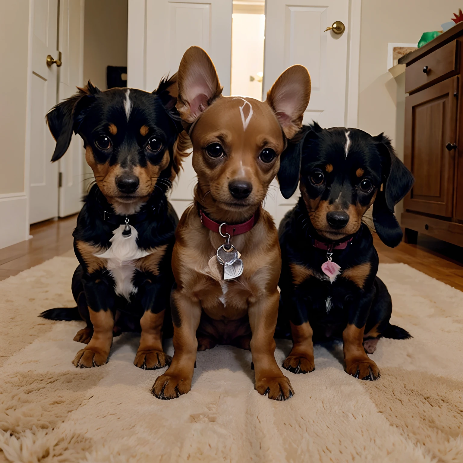 Two chihuahua dachshund mix dogs with their puppy with floppy ears