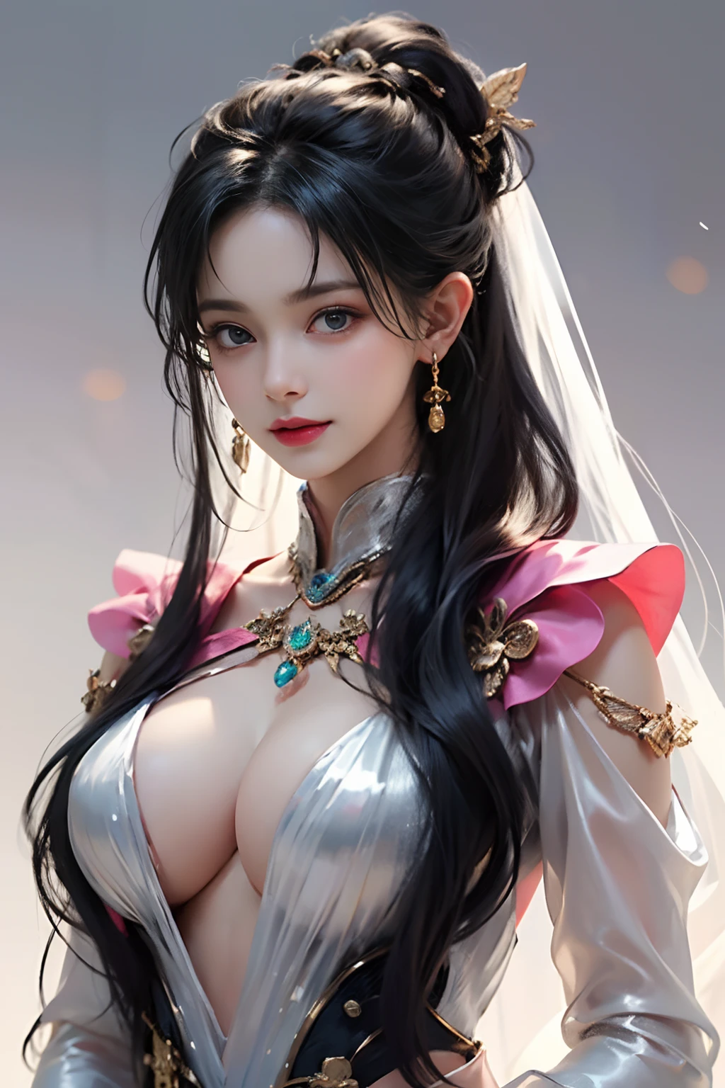 Highest Quality, Highest image quality, RAW Photos, Realistic, Photorealsitic, ultra detailed and beautiful, highest details, 1ung girls, good-looking, Beautiful fair skin and luster, Beautiful eyes are big and bright, Small mouth and thin lips, Long black hair blown in the wind, Good style and slenderness, (Beautiful big breasts:1.3), She has a cheerful personality and a cute smile......., Natural makeup, Pearl Pin Crips, (Fantasy see-through costume with cute details and wide breasts:1.5), Cu, beautiful girl illuminated by seven colors of light, Irridescent color,