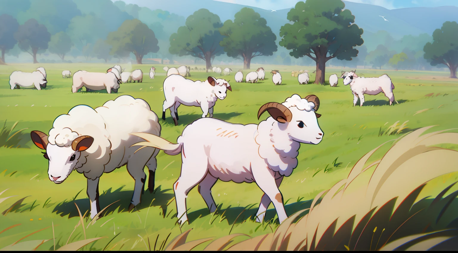 Illustration style,Lovely lamb,flock,grassy fields,style of anime
