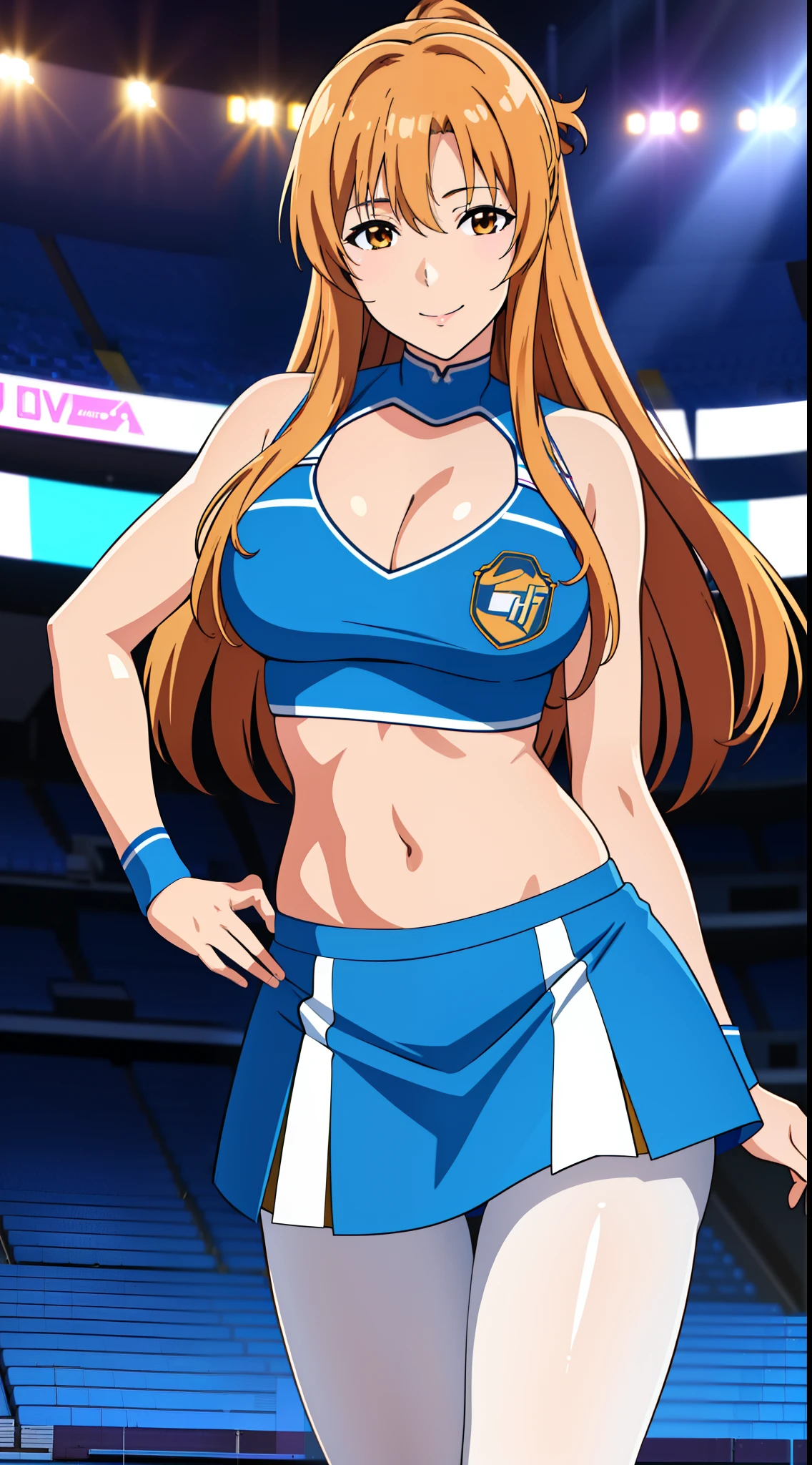 (best quality:1.5, highres, UHD, 4K, detailed lighting, shaders), asuna yuuki, light brown long hair, busty, sleveless cheerleader outfit, cleavage, sexy, erotic, crop top, skirt, pantyhose, smiling, stadium background, pov, close shot