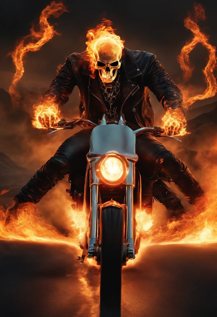Dynamic and intense 4K digital illustration featuring a fiery, supernatural character Ghost Rider riding a hyper-realistic, anatomically correct motorcycle. The character has a flaming skull for a head, with flames trailing behind, creating a sense of motion and power. The figure is clad in dark, rugged attire with spikes on the shoulders, adding to the menacing appearance. The motorcycle is depicted with wheels ablaze, leaving a trail of fire as it speeds forward. The background is dark and smoky, enhancing the dramatic and otherworldly atmosphere of the scene. The overall color palette is dominated by fiery oranges, yellows, and dark tones, emphasizing the intense and supernatural theme. The illustration boasts super details, award-winning quality, and masterful execution, proudly displaying the artist's signature 'IG' in the lower left corner.