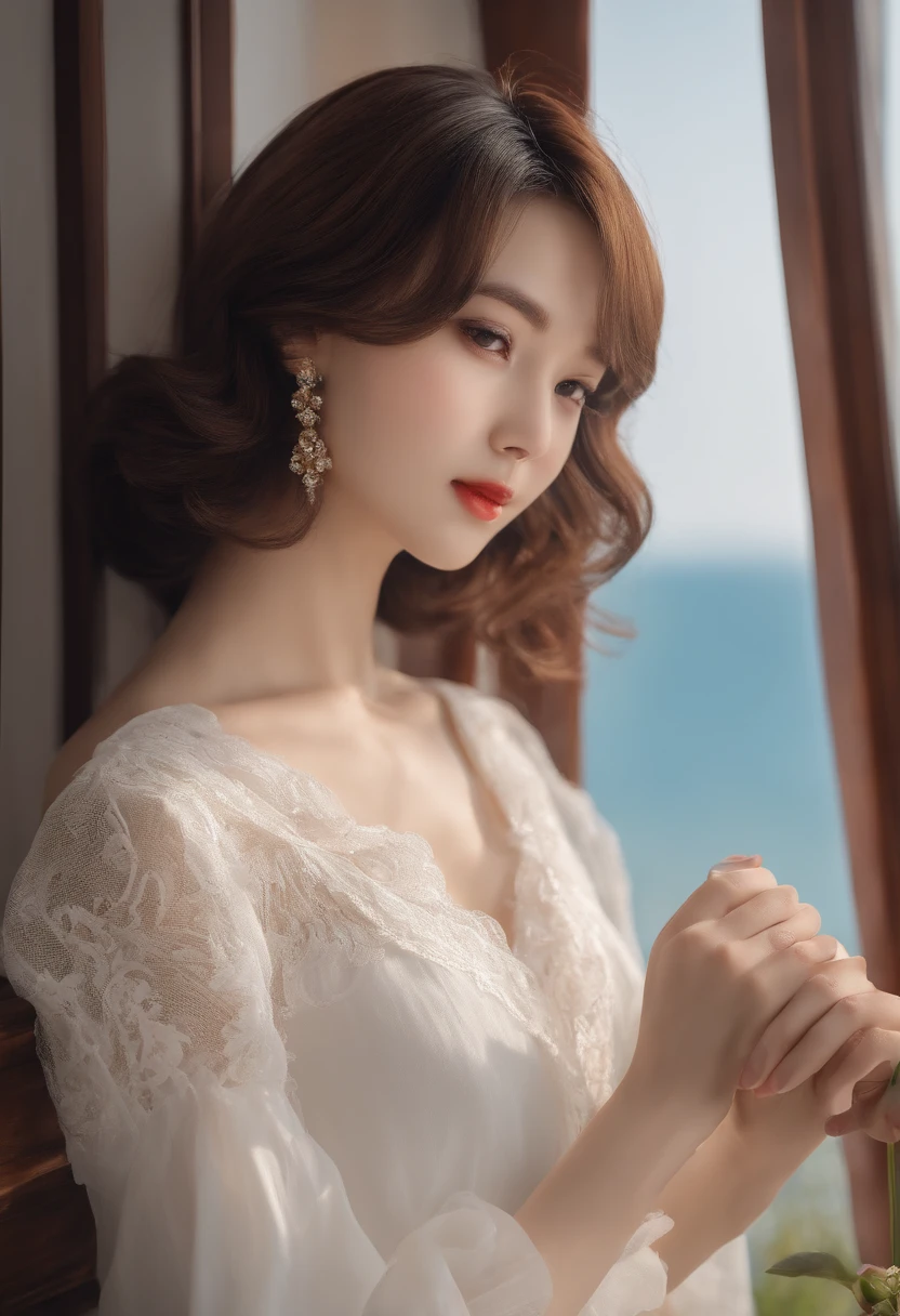 (8K、Raw photography、top-quality、masuter piece:1.2)、ultra-detailliert、ultra res、(realisitic、rialistic photo:1.37)、portlate、high-definition RAW color photography、Professional Photography、highly detailed and beautiful、ighly detailed、8K Picture Wallpaper、amazing detailed、huge filesize、Official art、Highly detailed CG Unity 8K wallpapers、highly detailed beautiful girl、extra detailed face、extremely detailed eye、highlydetailed skin、extremely detailed fingers、highly detailed nose、very detailed detailed mouth、女の子 1 人、(18:1.2)、Teen、Cute little girl s、Very Ayako Kato、cute little、Realistic body、小柄、de pele branca、glistning skin、Slim body、Handsome body、dark brown hair、Short bob cut、A smile、Super fine face、Narrow-eyed、Single eyelid、Narrow-eyed、short bangs、Beautiful bangs、Beautiful bob hair、red-lips、White T-shirt and jeans、Square-cut white blouse full of white lace、Beautiful lace blouse、Pearl earrings、Looking at the camera、Contrapo,ocean view, 动态照明,