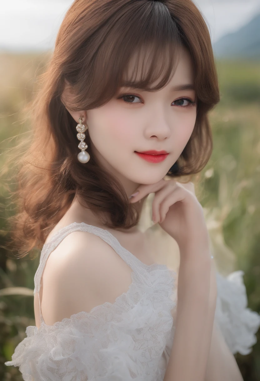 (8K、Raw photography、top-quality、masuter piece:1.2)、ultra-detailliert、ultra res、(realisitic、rialistic photo:1.37)、portlate、high-definition RAW color photography、Professional Photography、highly detailed and beautiful、ighly detailed、8K Picture Wallpaper、amazing detailed、huge filesize、Official art、Highly detailed CG Unity 8K wallpapers、highly detailed beautiful girl、extra detailed face、extremely detailed eye、highlydetailed skin、extremely detailed fingers、highly detailed nose、very detailed detailed mouth、女の子 1 人、(18:1.2)、Teen、Cute little girl s、Very Ayako Kato、cute little、Realistic body、小柄、de pele branca、glistning skin、Slim body、Handsome body、dark brown hair、Short bob cut、A smile、Super fine face、Narrow-eyed、Single eyelid、Narrow-eyed、short bangs、Beautiful bangs、Beautiful bob hair、red-lips、White T-shirt and jeans、Square-cut white blouse full of white lace、Beautiful lace blouse、Pearl earrings、Looking at the camera、Contrapo,ocean view, 动态照明,
