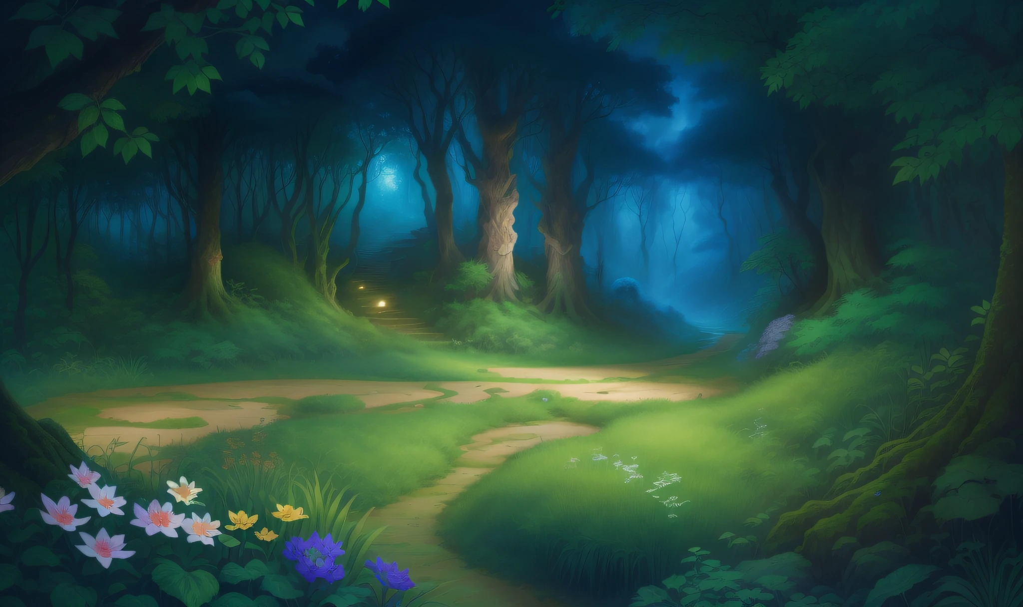 A fairytale forest,Dense jungle,comic strip,illustration,Original painting scene,hyper HD,Extremely detailed,Ultra high quality,There are woods, grasses, flowers,There are small butterflies in the vicinity,There is a winding stone path,Oversized,超高分辨率,