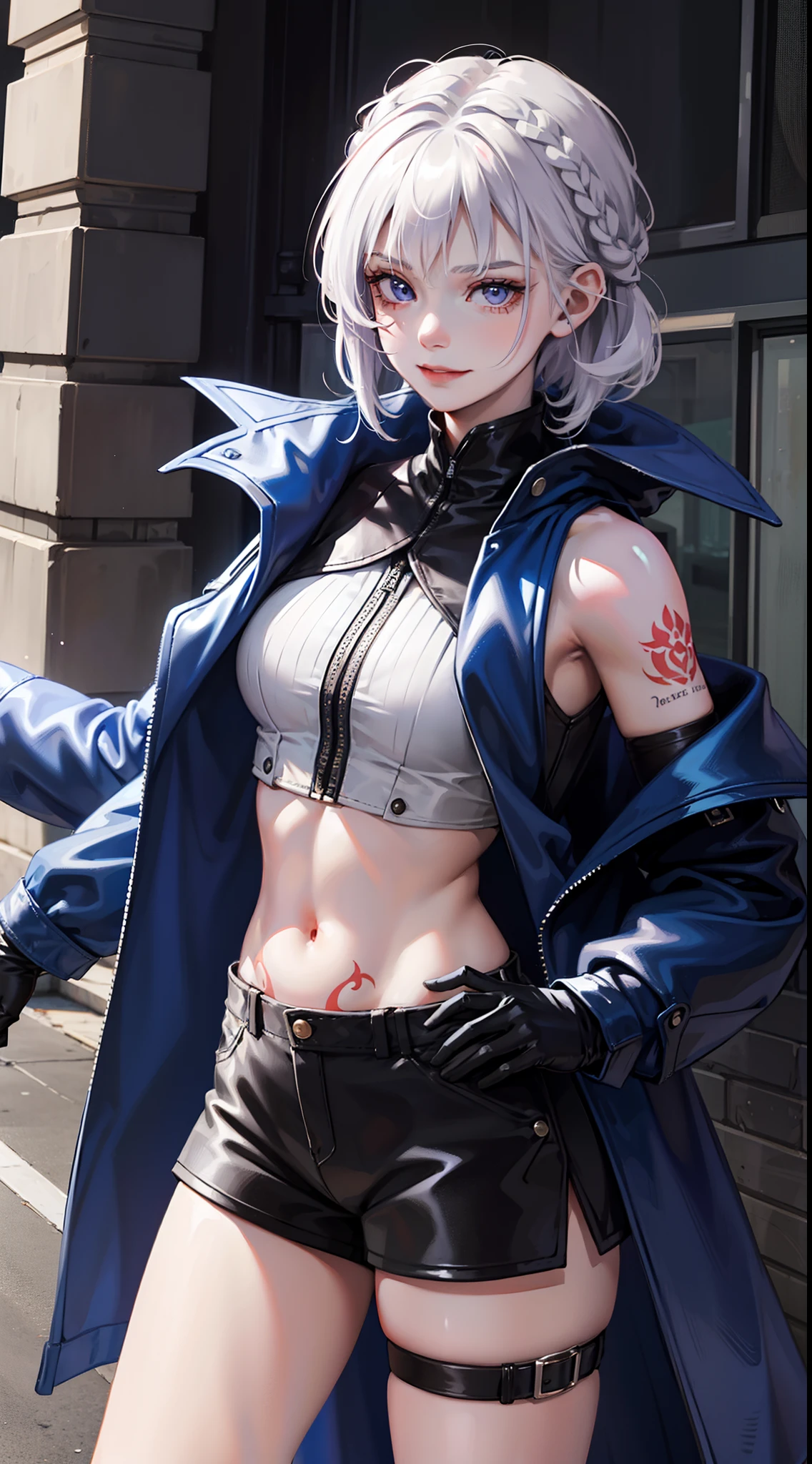 young girl, short white hair, braid, violet eyes, Blue leather coat, Sleeveless, open belly, Shorts, Long pantyhose, Long Grey Gloves,, red tattoo, smirk, Masterpiece, hiquality, 4k, HD, Good detail