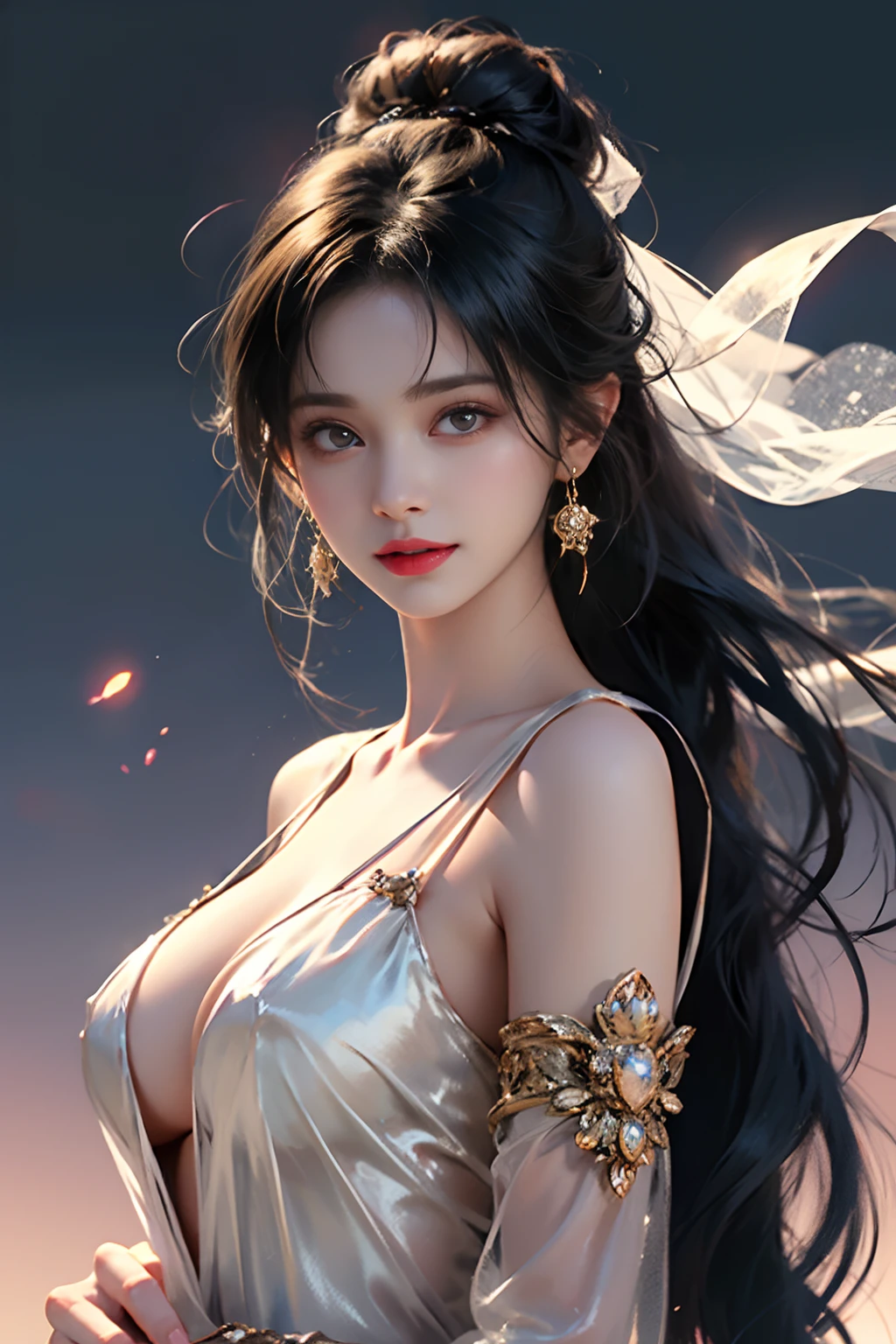 Highest Quality, Highest image quality, RAW Photos, Realistic, Photorealsitic, ultra detailed and beautiful, highest details, 1young girls, good-looking, Beautiful fair skin and luster, Beautiful eyes are big and bright, Small mouth and thin lips, Long black hair blown in the wind, Good style and slenderness, (Beautiful big breasts:1.3), She has a cheerful personality and a cute smile......., Natural makeup, Pearl Pin Crips, (Fantasy see-through costume with cute details and wide breasts:1.5), Cute little girl s, beautiful girl illuminated by seven colors of light, Irridescent color,