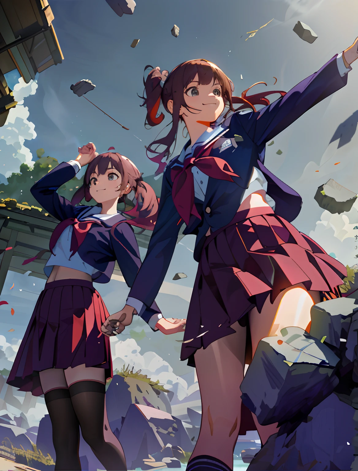 twins,school uniform,same outfit,falling rocks,(best quality,4k,8k,highres,masterpiece:1.2),ultra-detailed,(realistic,photorealistic,photo-realistic:1.37),portraits,landscape,vivid colors,bokeh,warm tones,sunlight,crystal clear,innocent,girlish,confident,sharp focus,blonde hair,twintails,sparkling eyes,flowing hair,big smile,happy expression,scattered papers,fluttering skirt,twisting pose,running toward the camera,beautiful scenery,altering reality,dramatic sky,cloud formations,crumbling ruins,strewn rocks,rippling water,leaves swirling,gusty wind,fast motion,energetic,action-packed