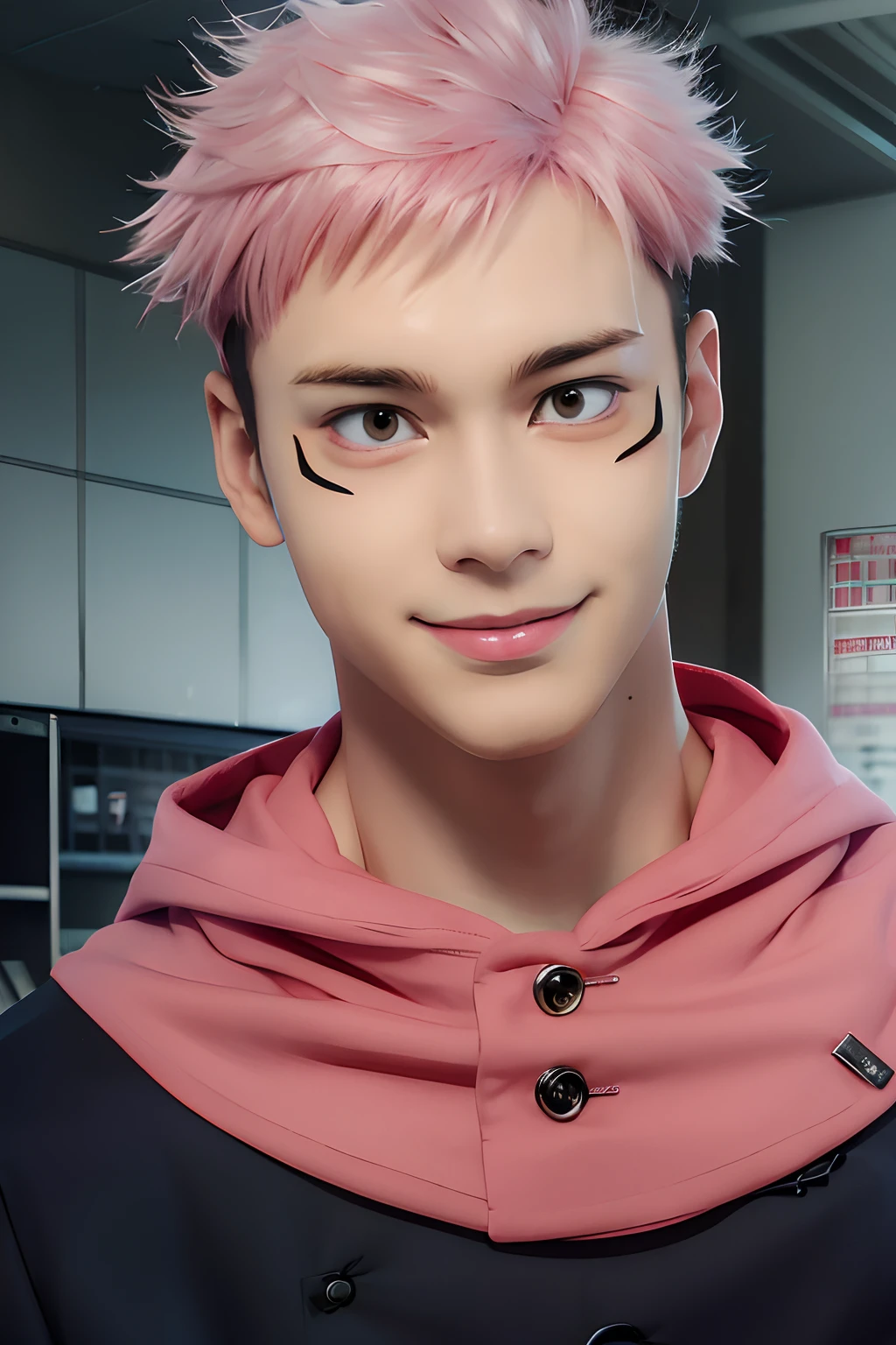 top-quality, 8K, ultra-detailliert, Photorealsitic, 1boy, Solo, Male Focus, Looking at Viewer, Upper body, polygon_Yu II, Light pink hair, Undercut, School run, student clothes, (Black school uniform:1.3), smirking, Japan Faces, Sharp eyes